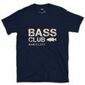 The Bass Club Badge With a Bass design on a Navy Gildan Softstyle t-shirt