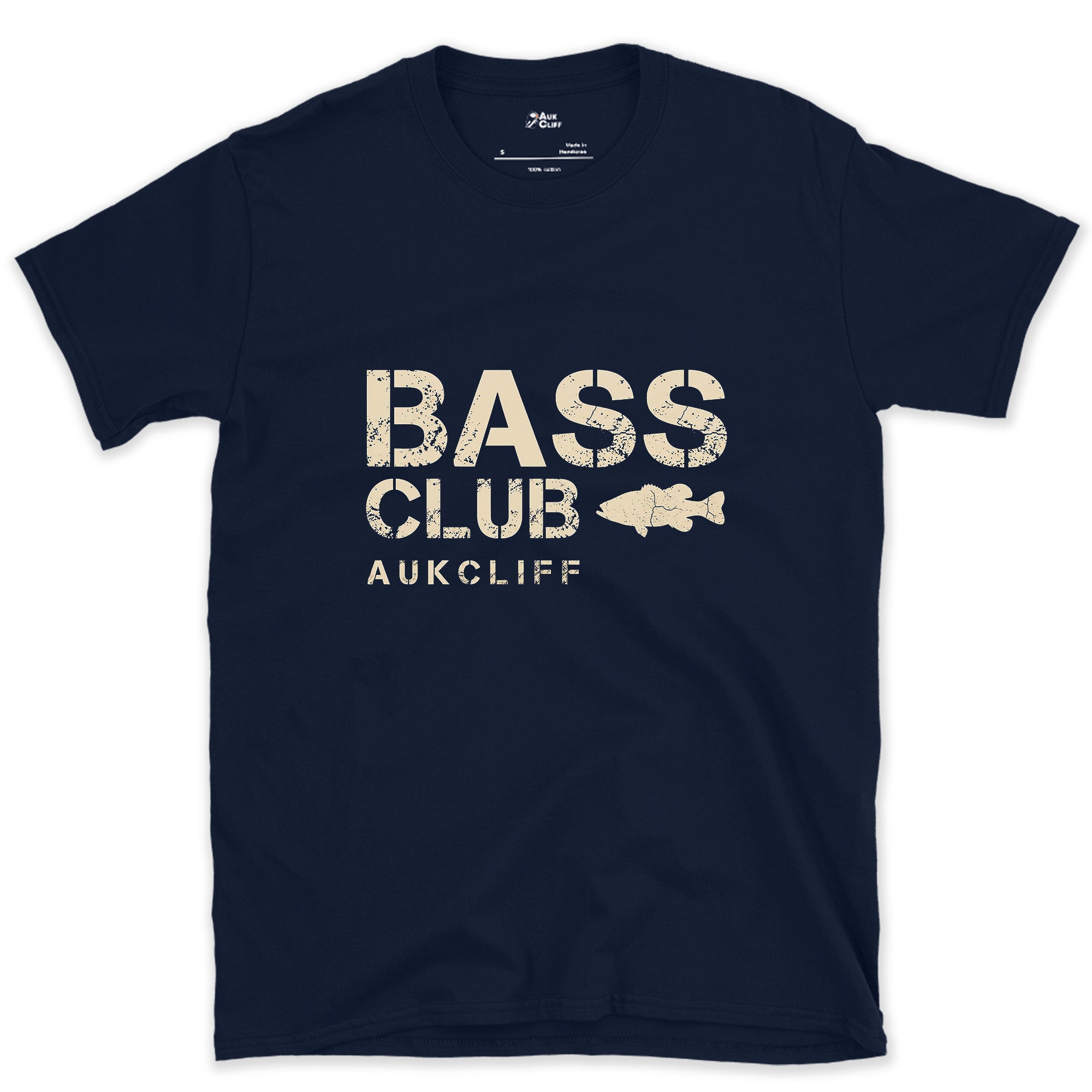 The Bass Club Badge With a Bass design on a Navy Gildan Softstyle t-shirt