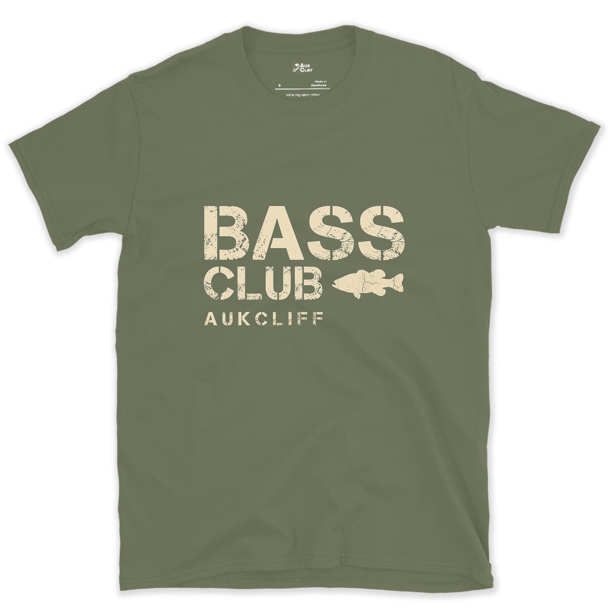 The Bass Club Badge With a Bass design on a Military Green Gildan Softstyle t-shirt