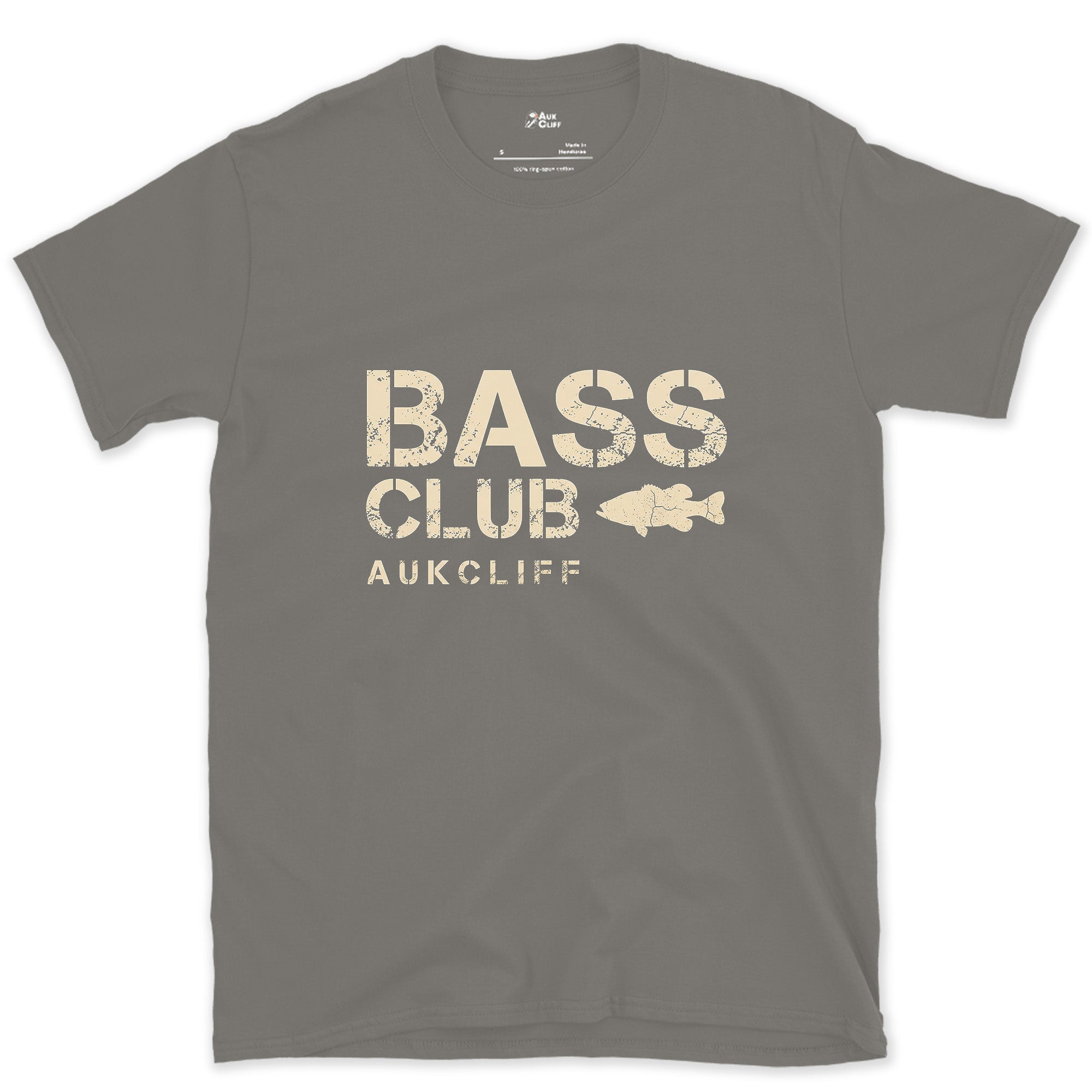 The Bass Club Badge With a Bass design on a Charcoal Gildan Softstyle t-shirt