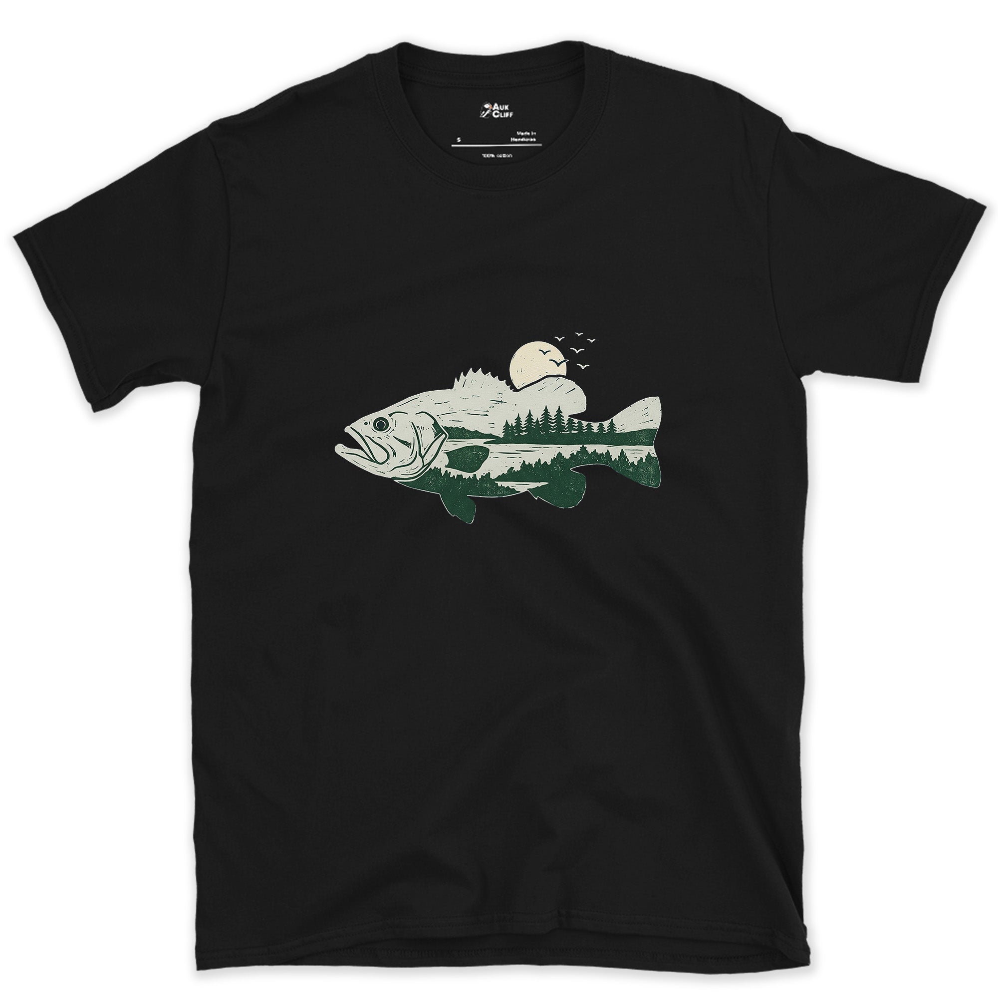 Sun and Ridgeline Held in a Bass design on a Black Gildan Softstyle t-shirt