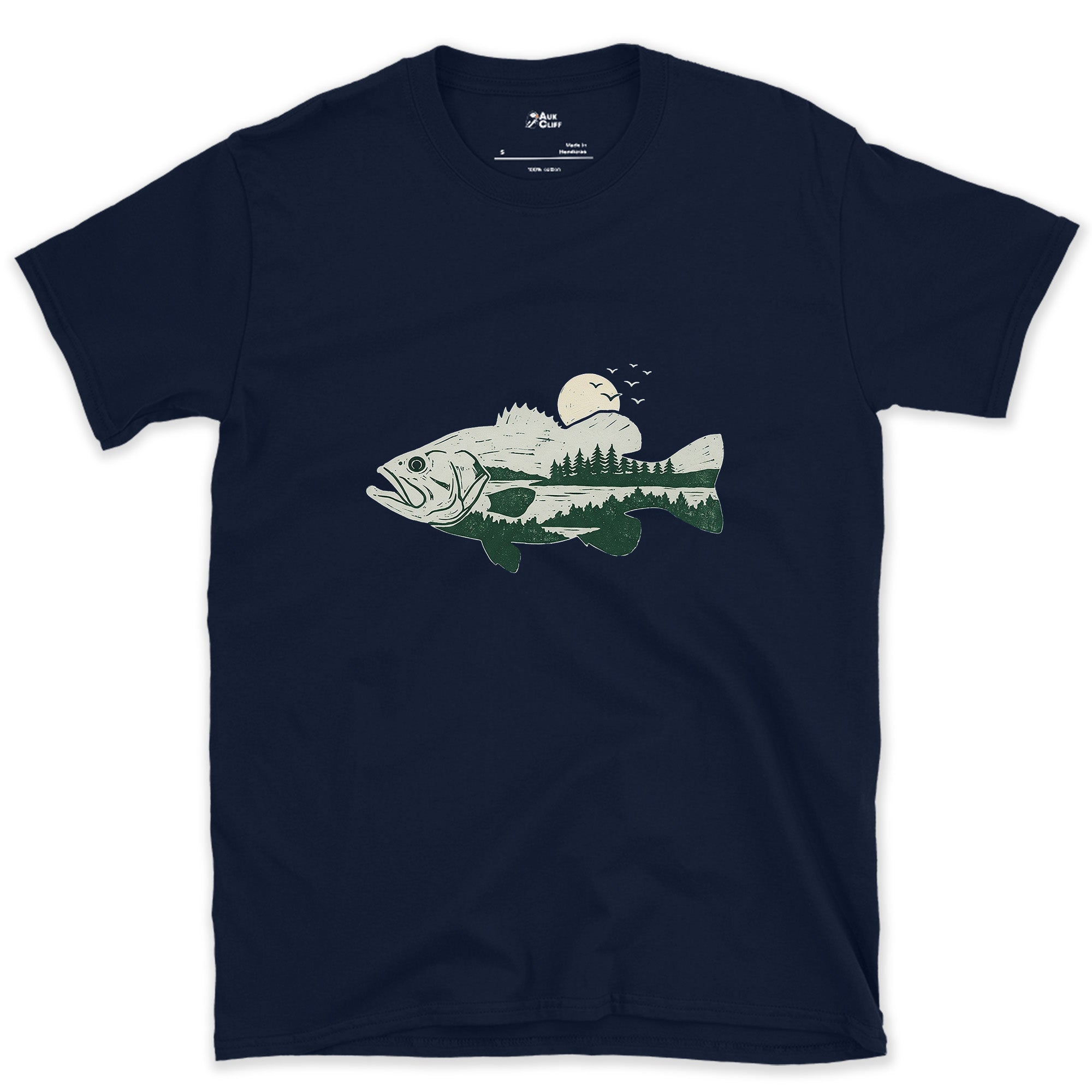 Sun and Ridgeline Held in a Bass design on a Navy Gildan Softstyle t-shirt