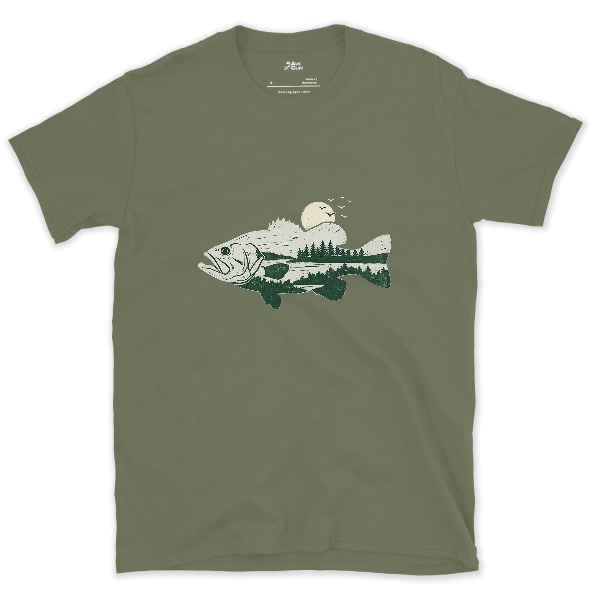 Sun and Ridgeline Held in a Bass design on a Military Green Gildan Softstyle t-shirt
