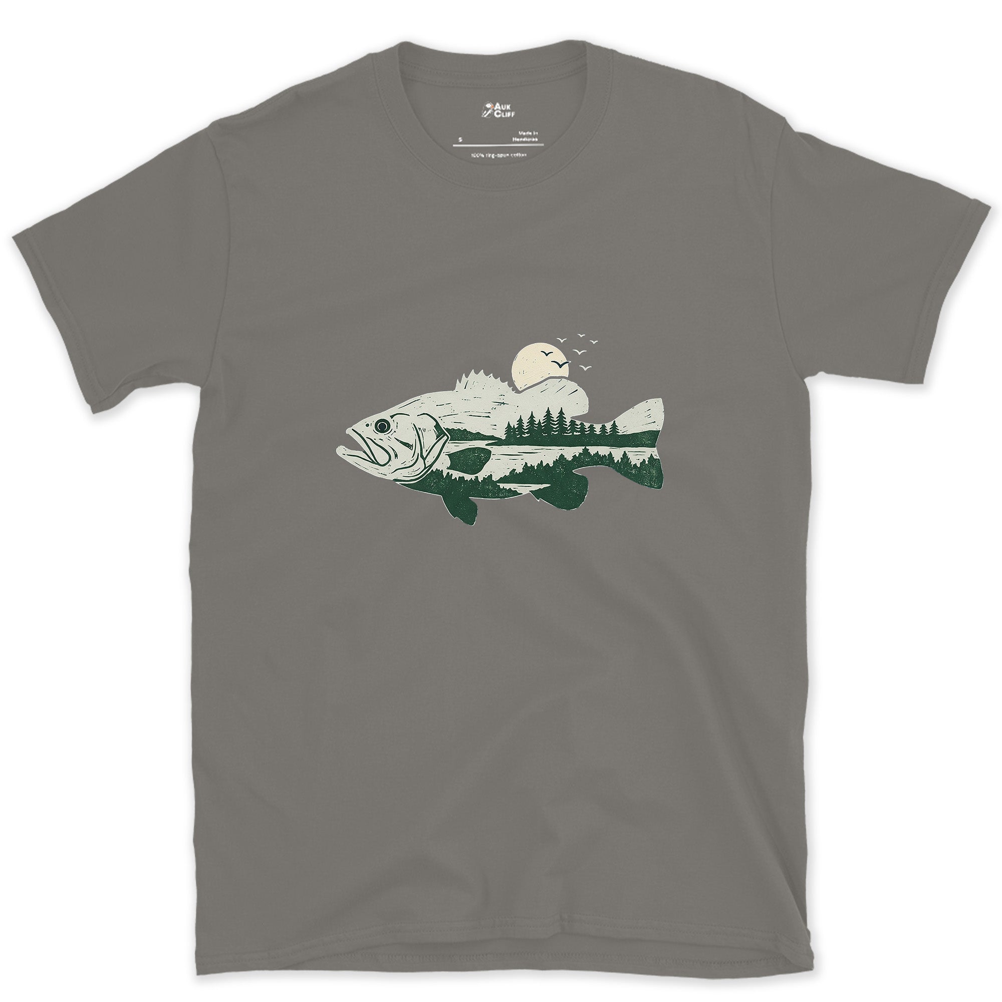 Sun and Ridgeline Held in a Bass design on a Charcoal Gildan Softstyle t-shirt