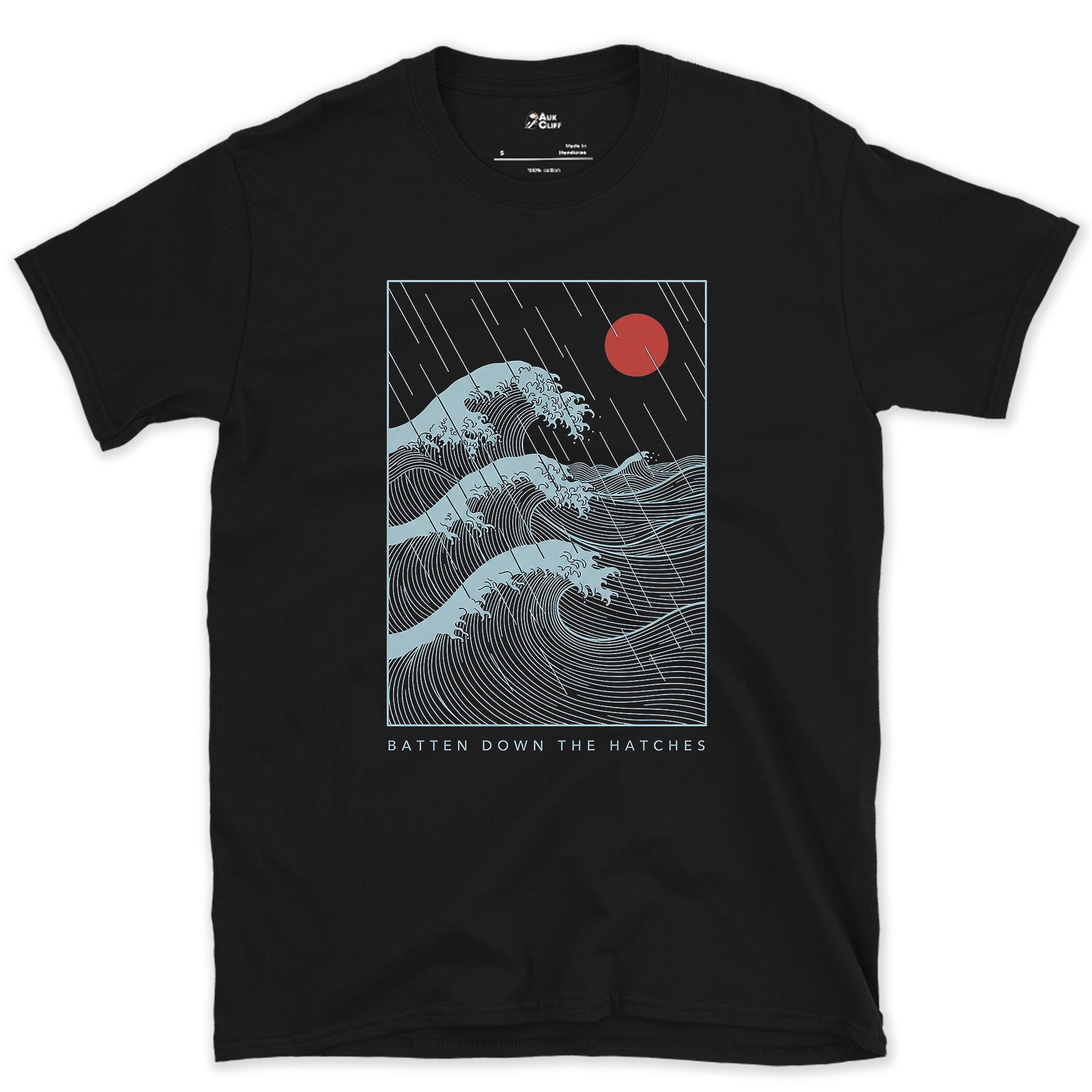Batten Down the Hatches, Storm Waves design on a Black Gildan Softstyle t-shirt