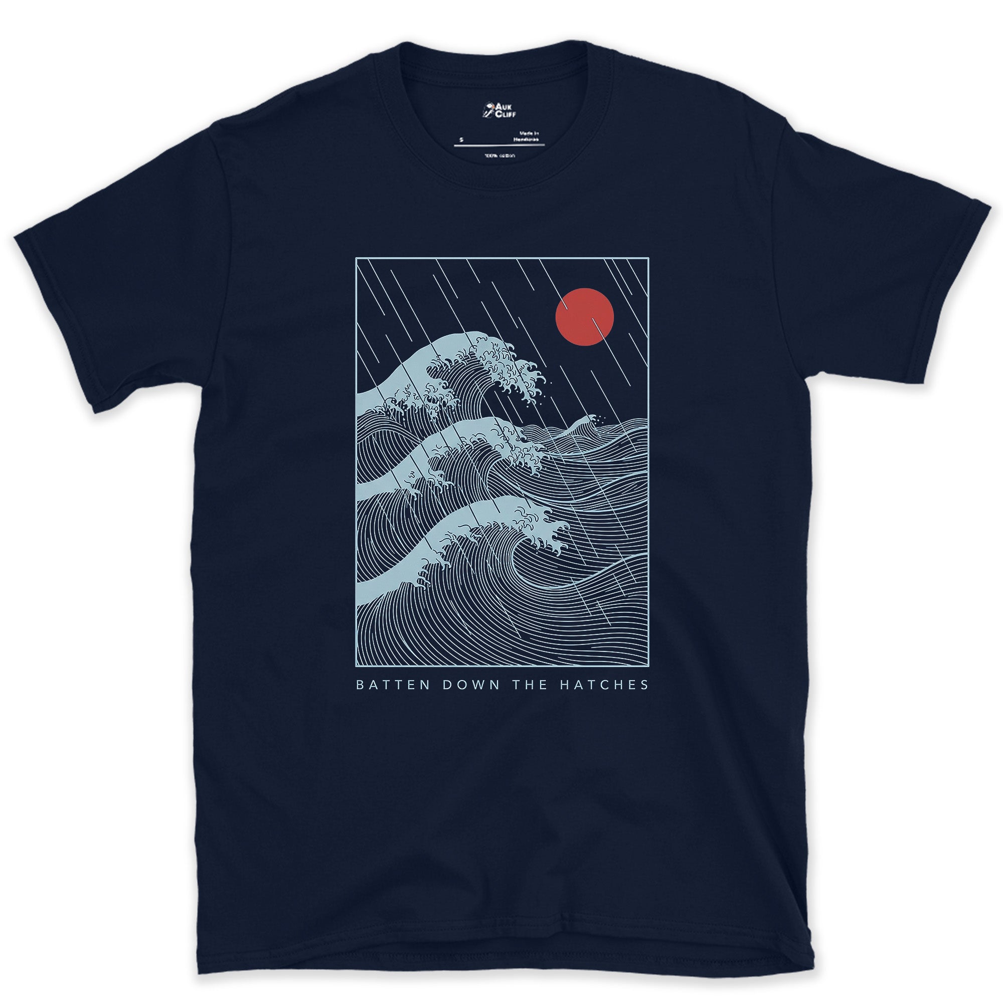 Batten Down the Hatches, Storm Waves design on a Navy Gildan Softstyle t-shirt