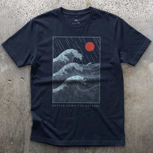Batten Down the Hatches, Storm Waves design on a Navy Gildan Softstyle t-shirt