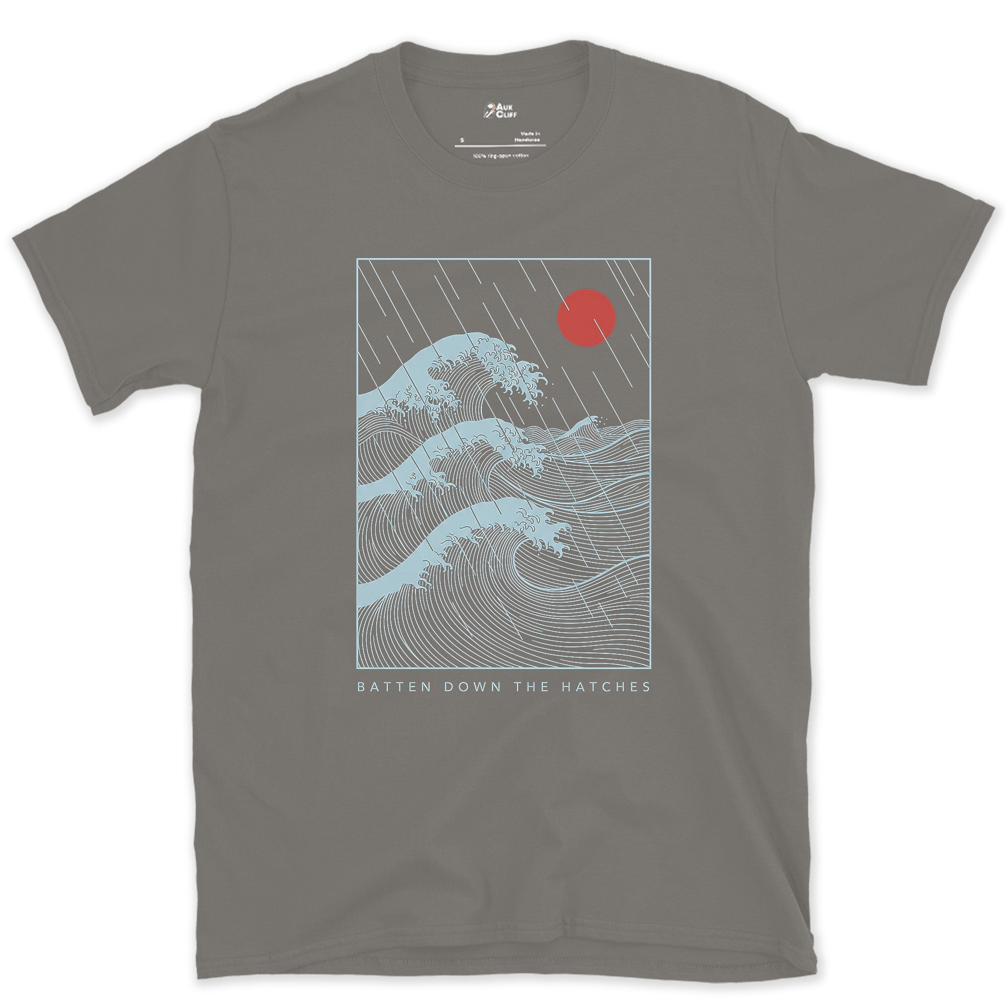 Batten Down the Hatches, Storm Waves design on a Charcoal Gildan Softstyle t-shirt