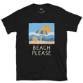 Beach Please, Umbrella and Chair design on a Black Gildan Softstyle t-shirt