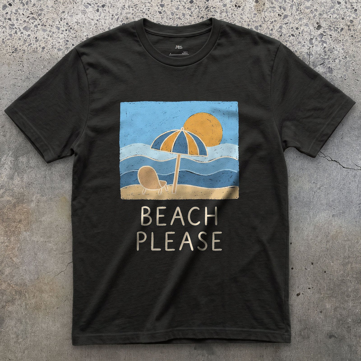 Beach Please, Umbrella and Chair design on a Black Gildan Softstyle t-shirt