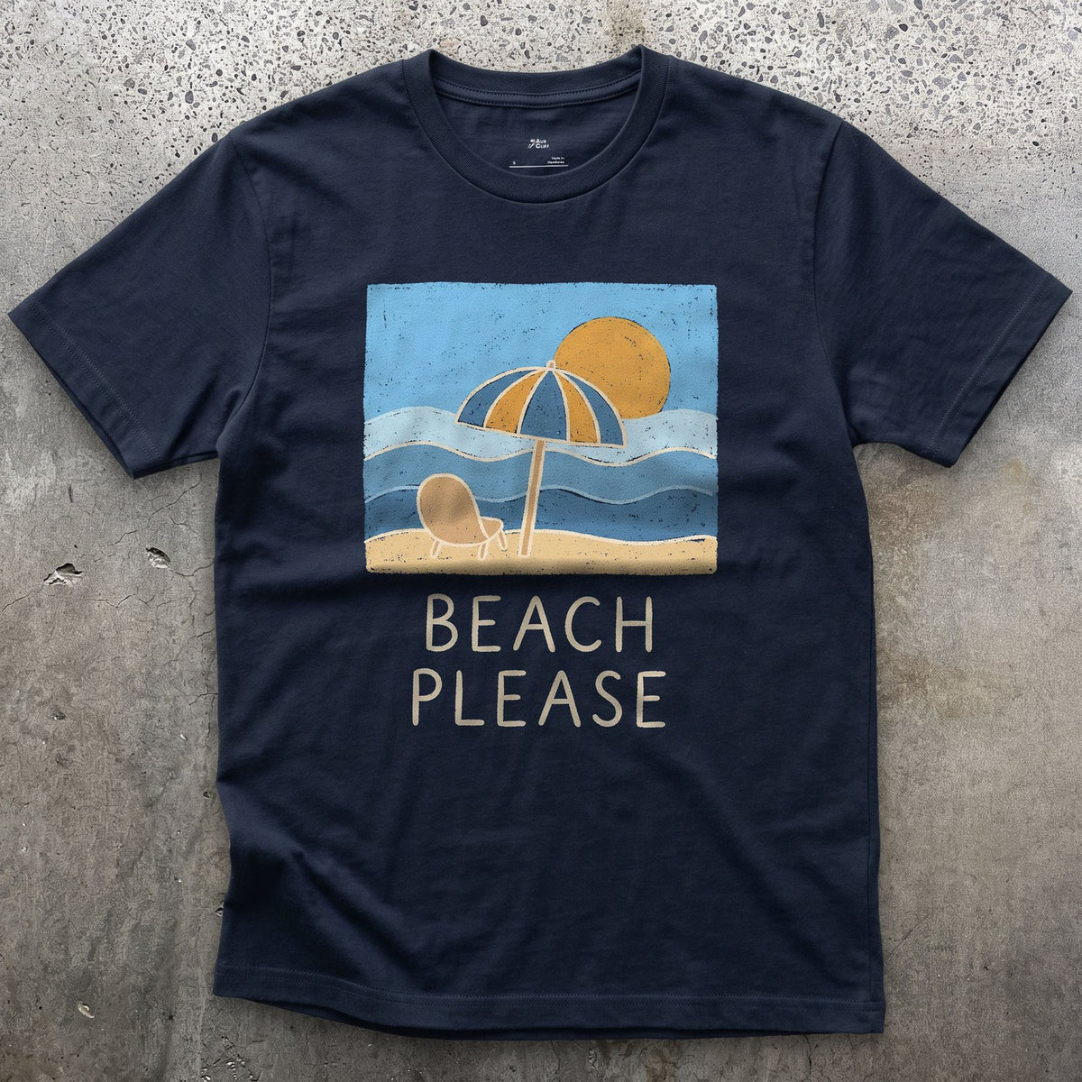 Beach Please, Umbrella and Chair design on a Navy Gildan Softstyle t-shirt