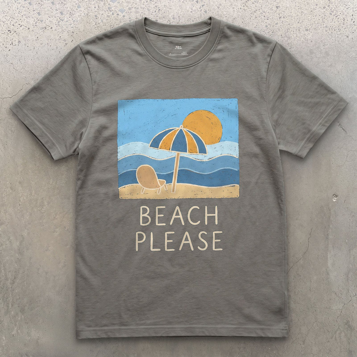 Beach Please, Umbrella and Chair design on a Charcoal Gildan Softstyle t-shirt