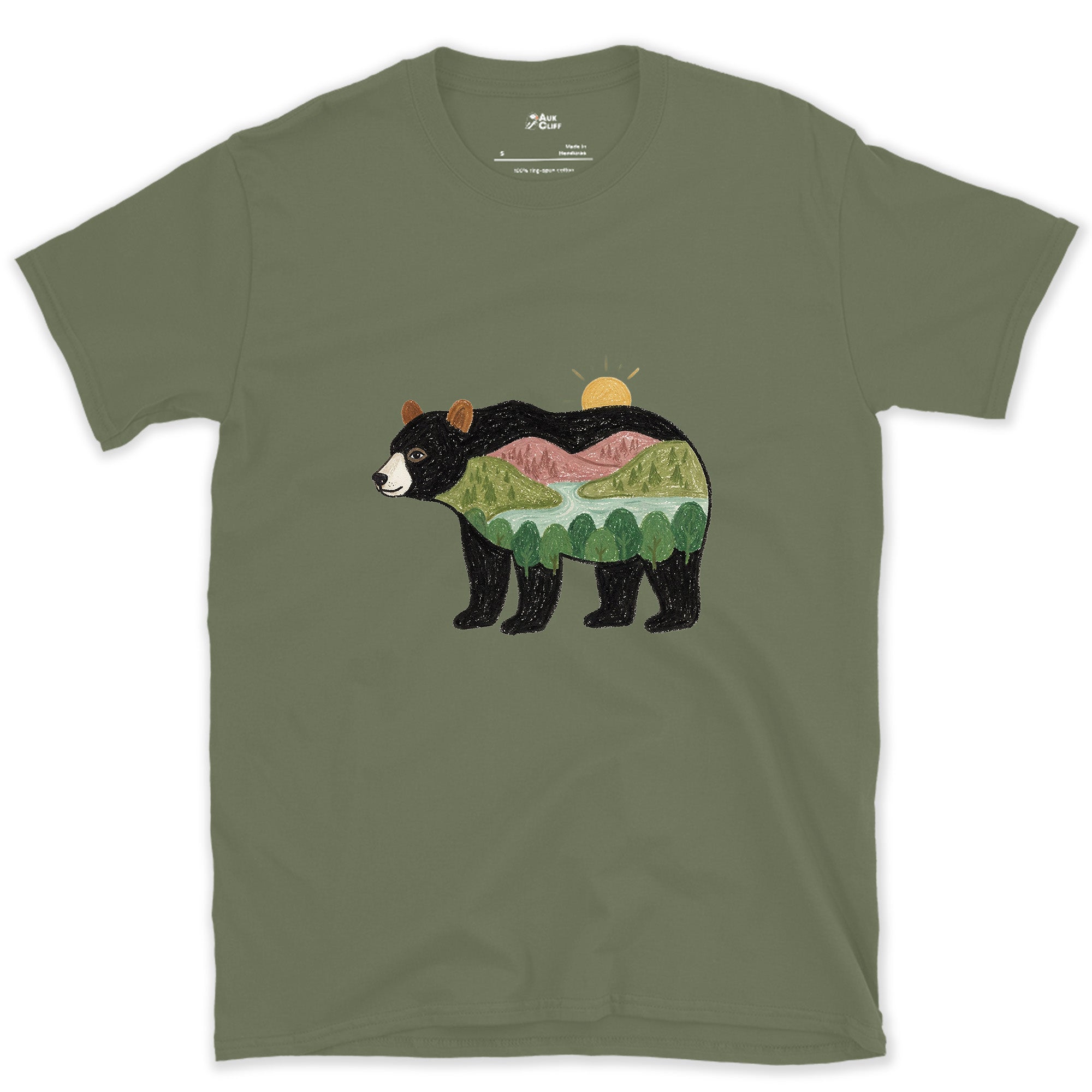 Sunrise Held by a Black Bear design on a Military Green Gildan Softstyle t-shirt