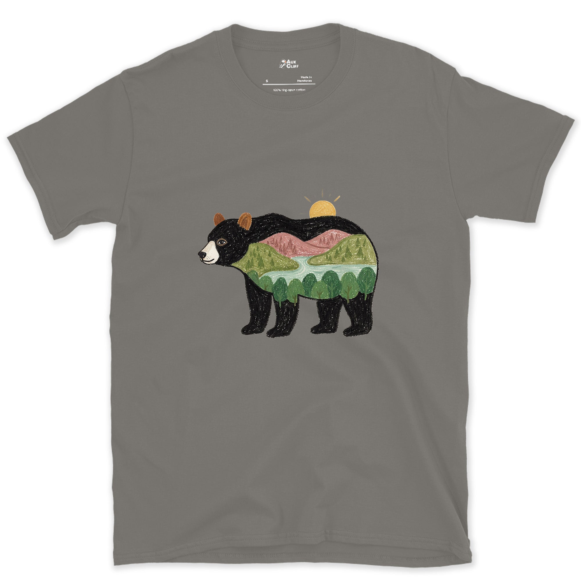 Sunrise Held by a Black Bear design on a Charcoal Gildan Softstyle t-shirt