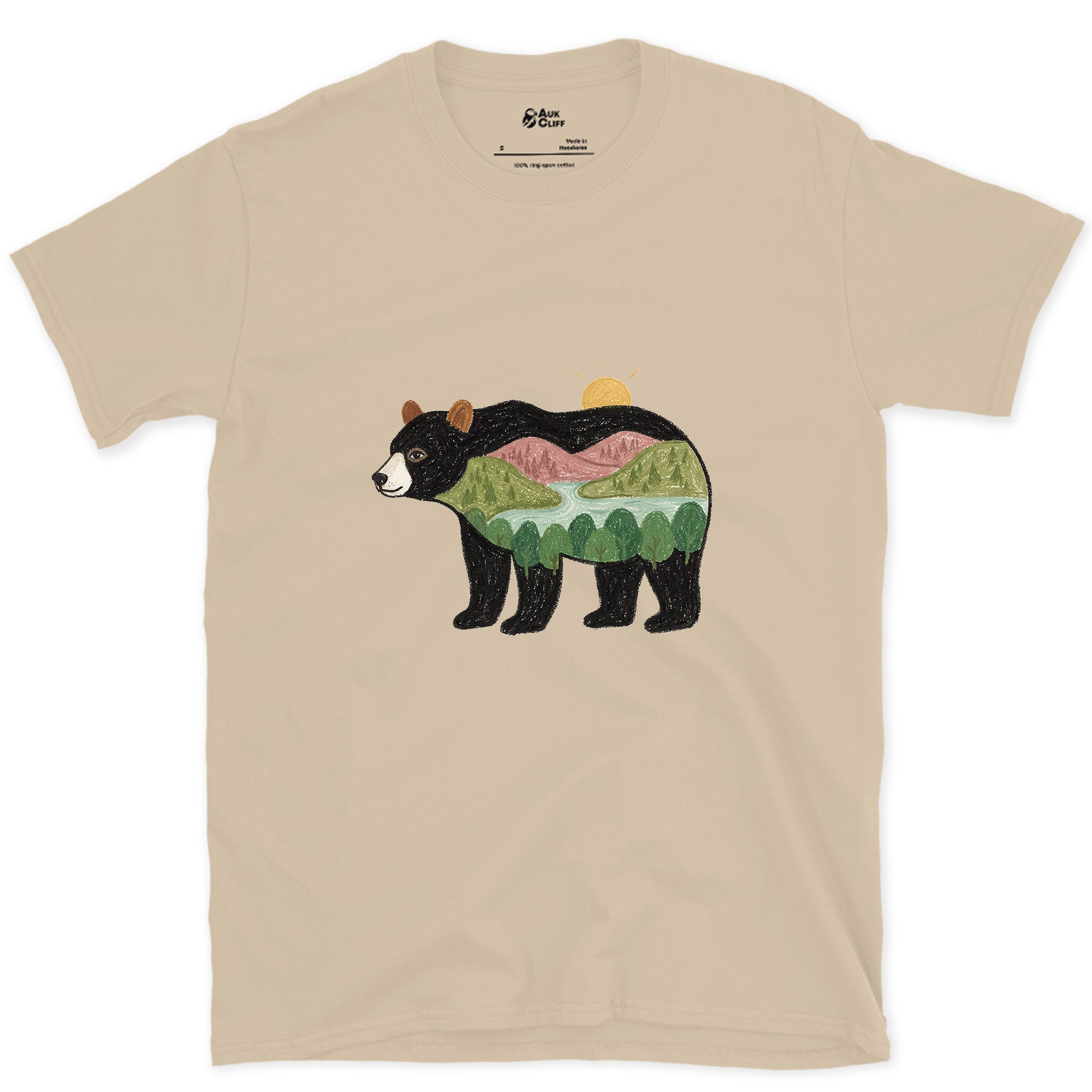 Sunrise Held by a Black Bear design on a Sand Gildan Softstyle t-shirt