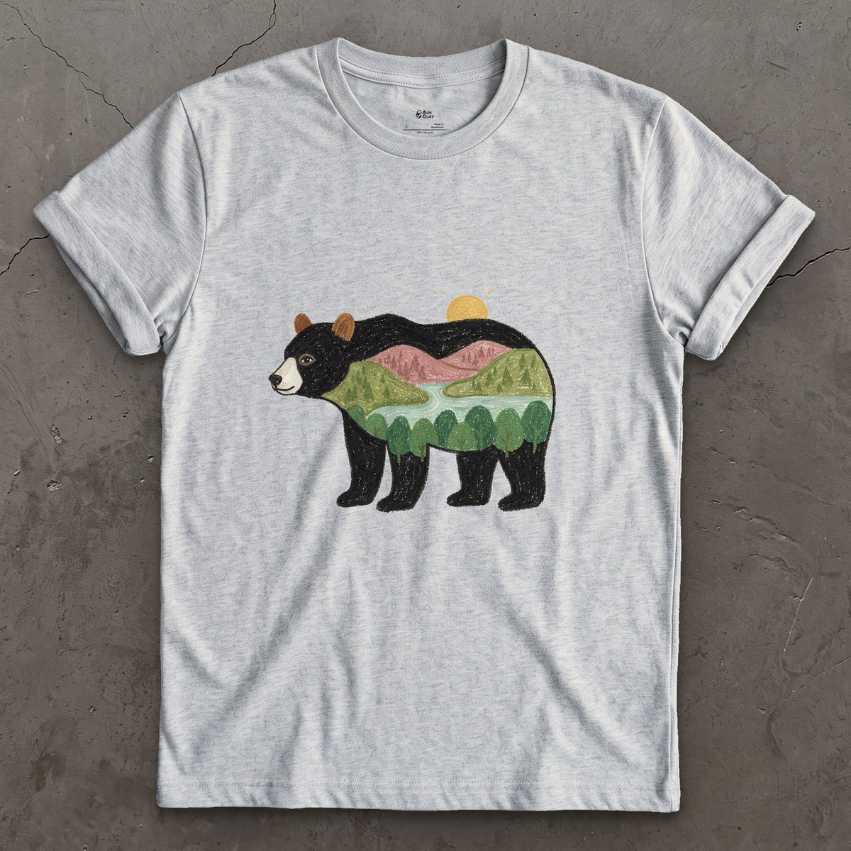 Sunrise Held by a Black Bear design on a Sport Grey Gildan Softstyle t-shirt