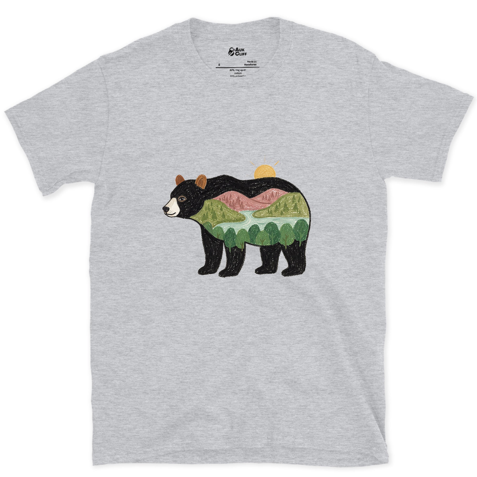 Sunrise Held by a Black Bear design on a Sport Grey Gildan Softstyle t-shirt