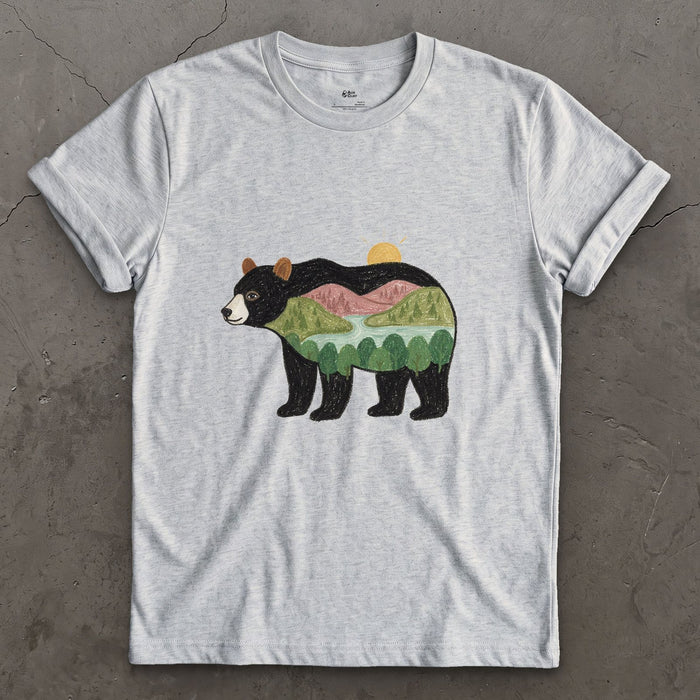 Sunrise Held by a Black Bear design on a Sport Grey Gildan Softstyle t-shirt