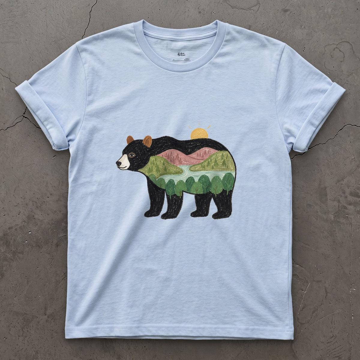 Sunrise Held by a Black Bear design on a Light Blue Gildan Softstyle t-shirt