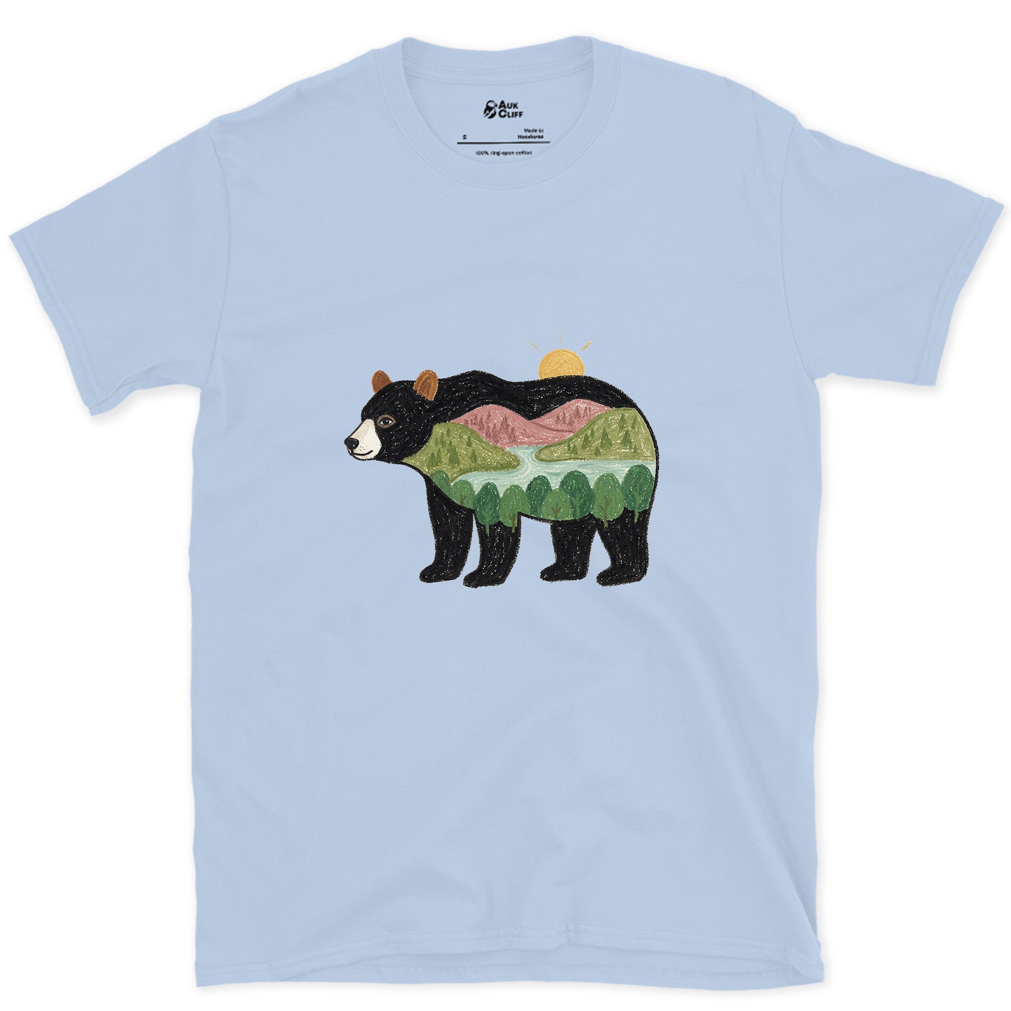 Sunrise Held by a Black Bear design on a Light Blue Gildan Softstyle t-shirt