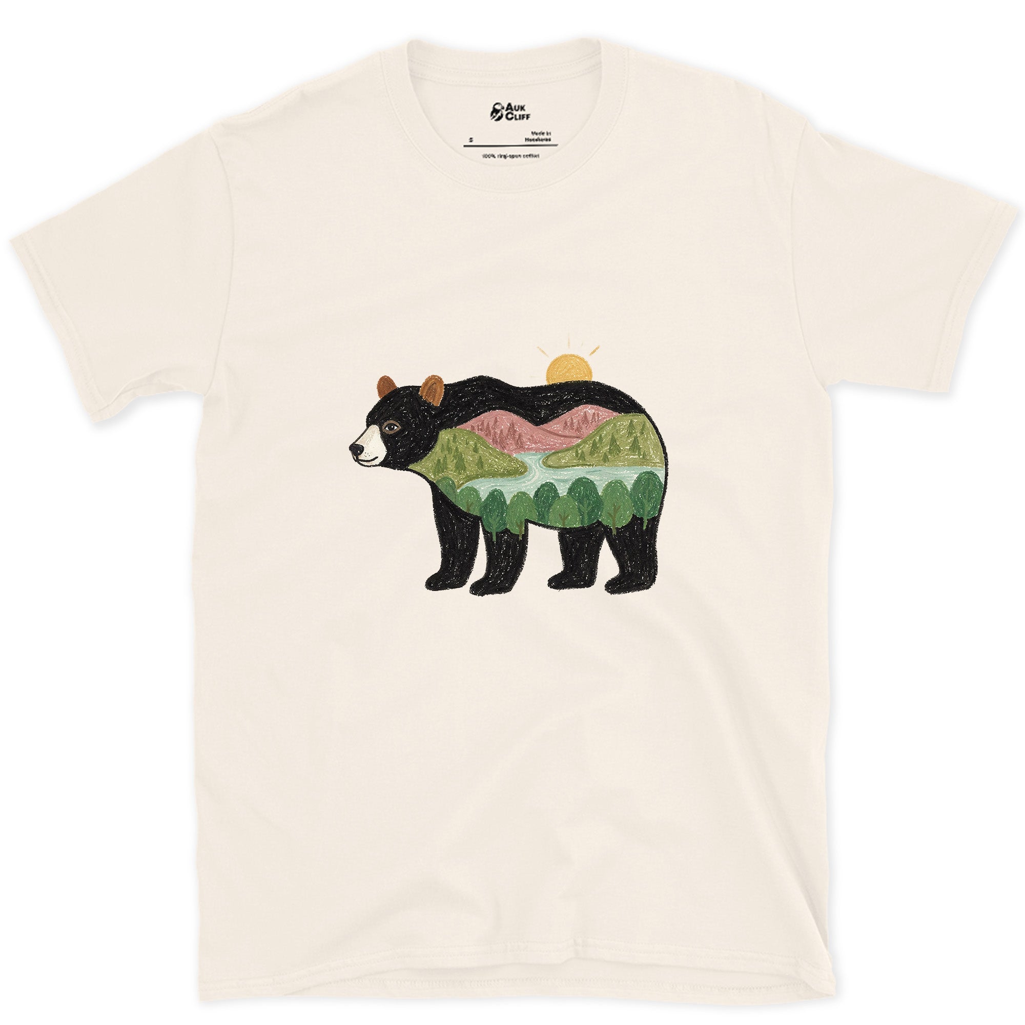 Sunrise Held by a Black Bear design on a Natural Gildan Softstyle t-shirt