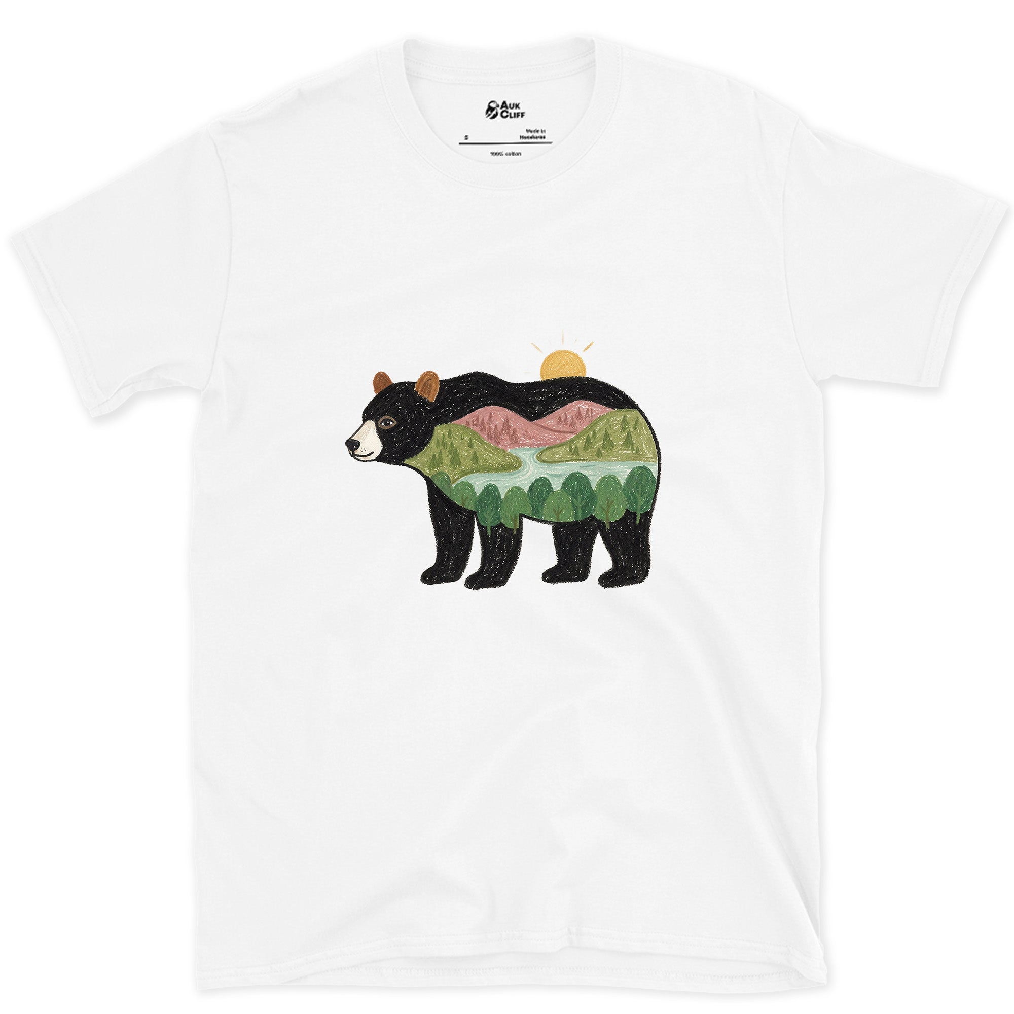 Sunrise Held by a Black Bear design on a White Gildan Softstyle t-shirt
