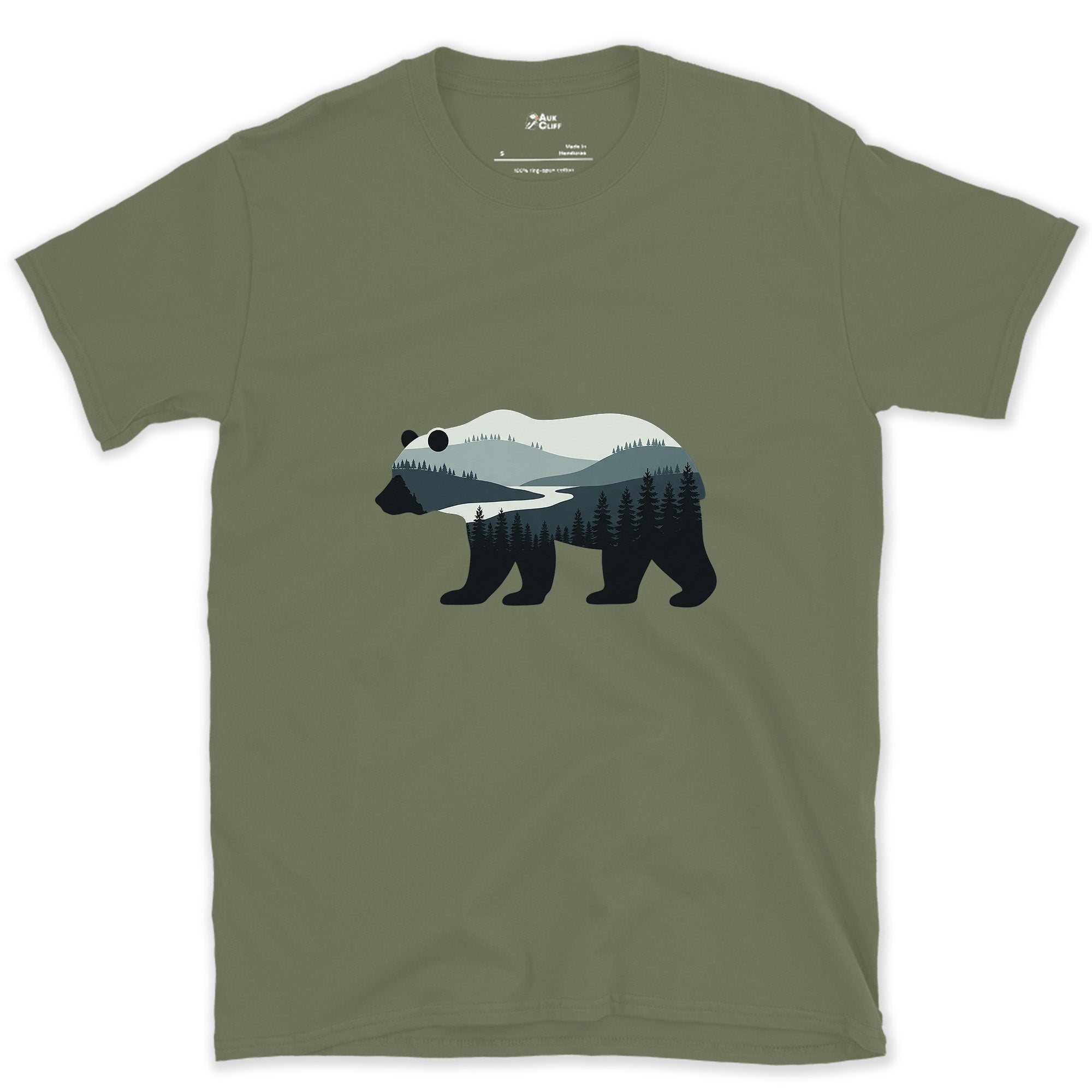Mountain Held Inside a Bear design on a Military Green Gildan Softstyle t-shirt