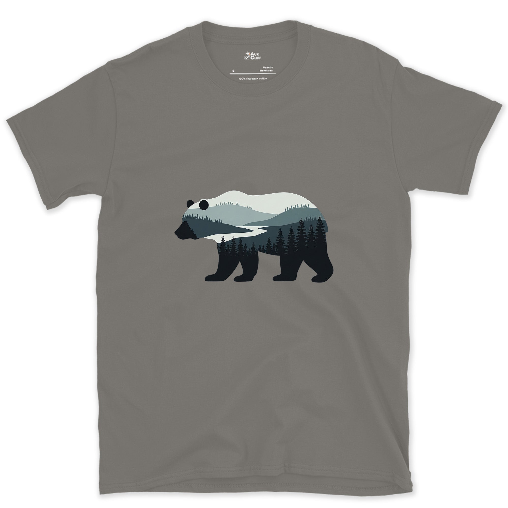 Mountain Held Inside a Bear design on a Charcoal Gildan Softstyle t-shirt
