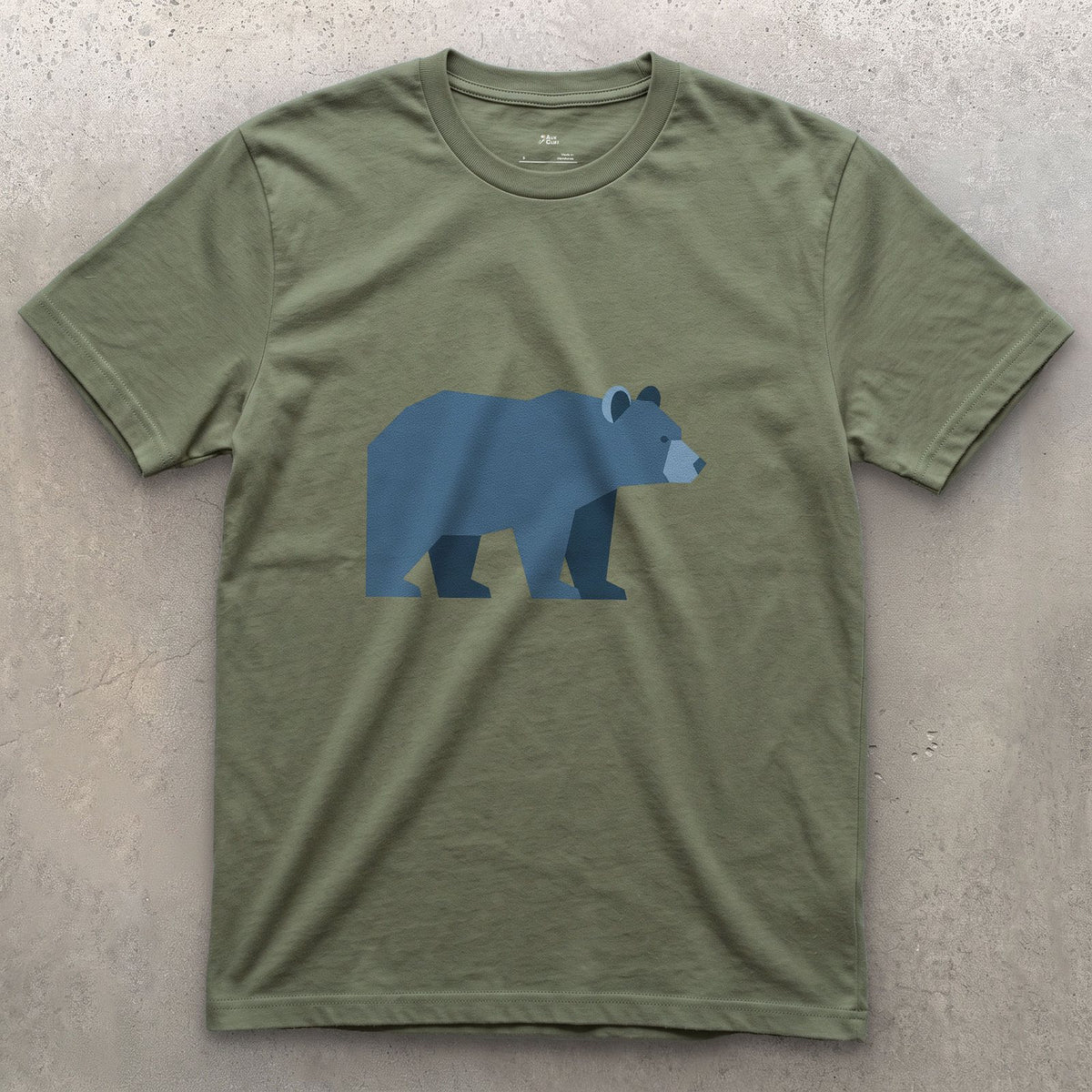 A Bear Built From Blue Facets design on a Military Green Gildan Softstyle t-shirt