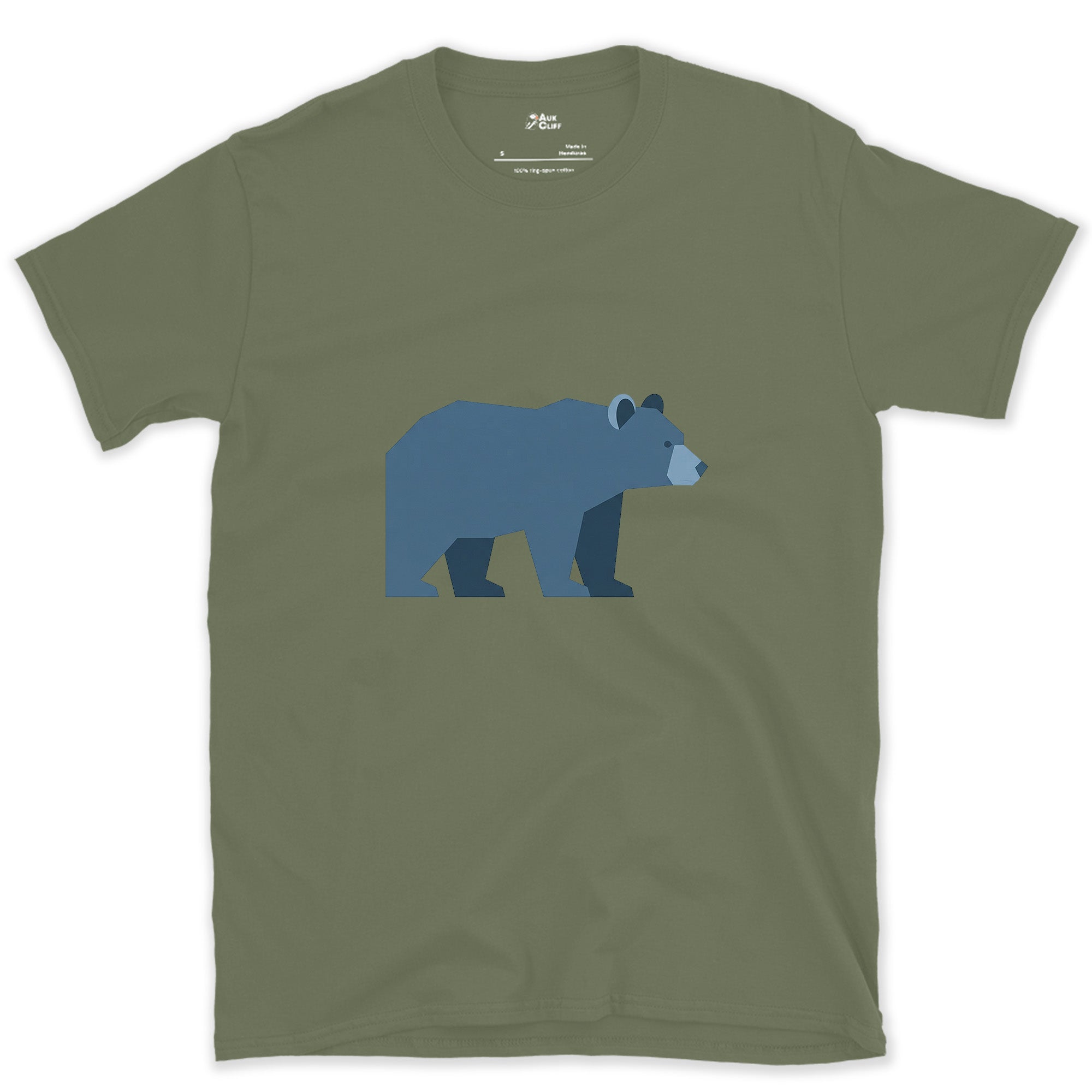 A Bear Built From Blue Facets design on a Military Green Gildan Softstyle t-shirt