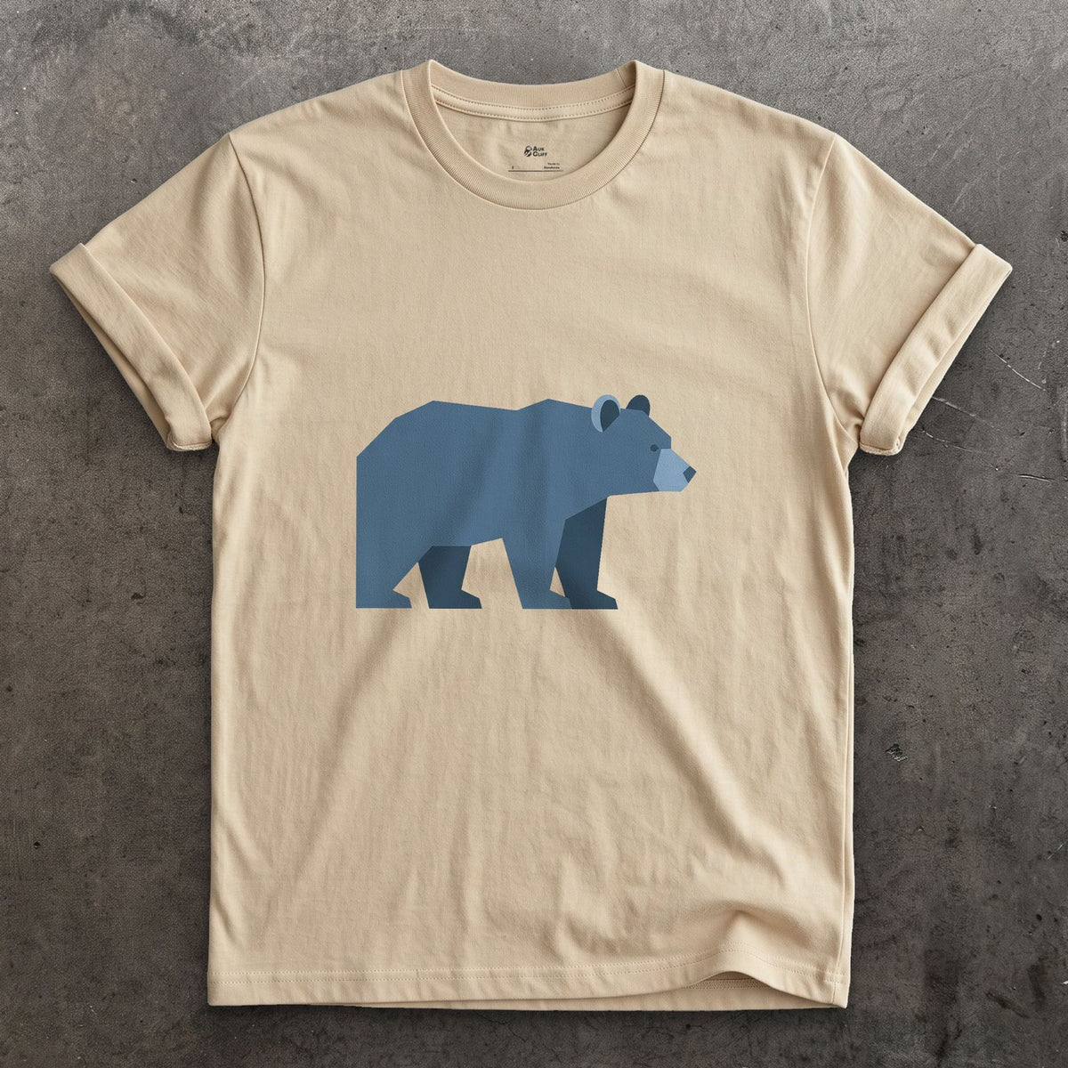 A Bear Built From Blue Facets design on a Sand Gildan Softstyle t-shirt