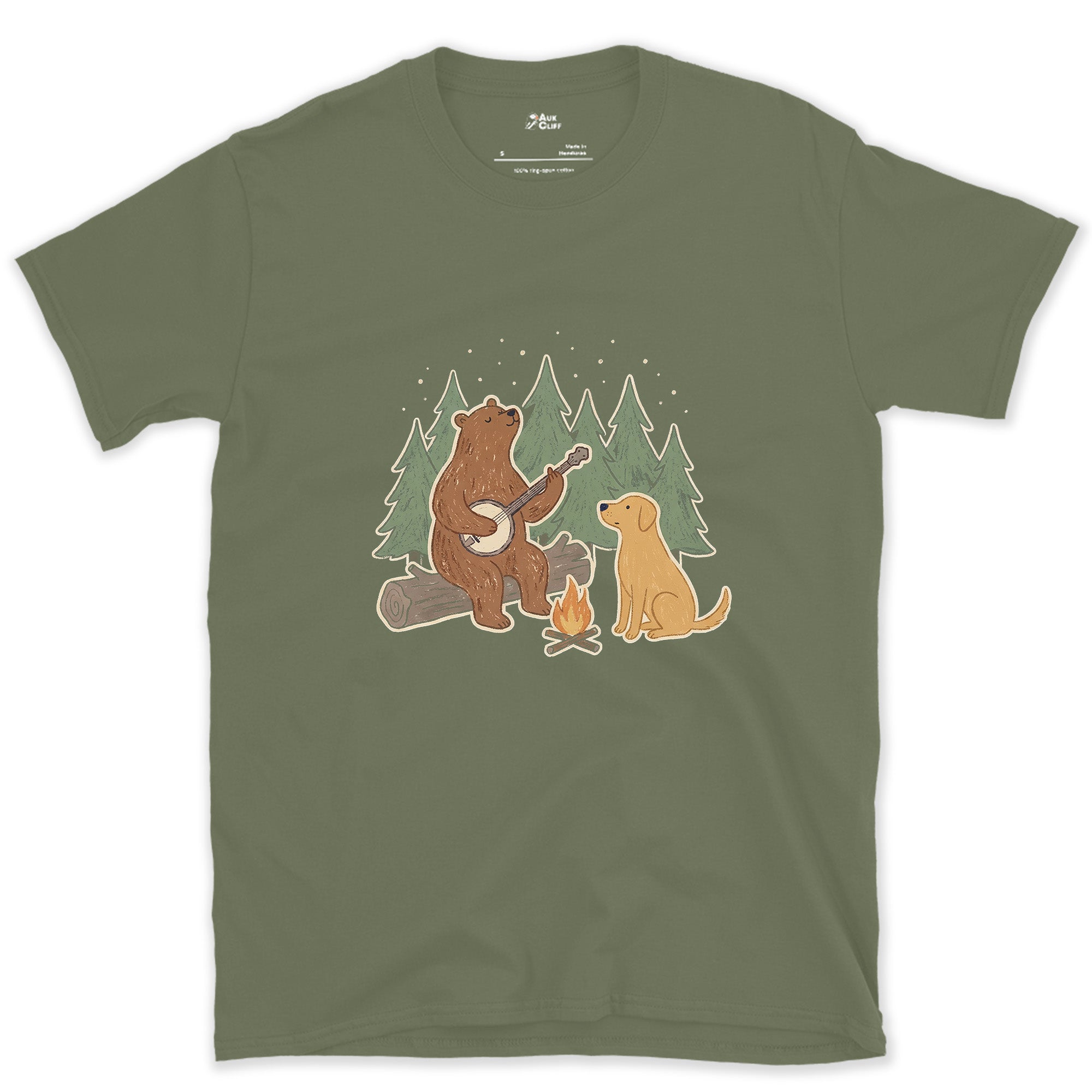 Bear on Banjo, Dog Not Complaining design on a Military Green Gildan Softstyle t-shirt