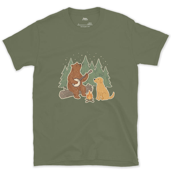 Bear on Banjo, Dog Not Complaining design on a Military Green Gildan Softstyle t-shirt