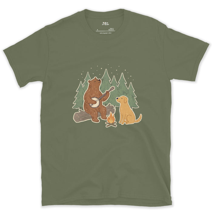 Bear on Banjo, Dog Not Complaining design on a Military Green Gildan Softstyle t-shirt