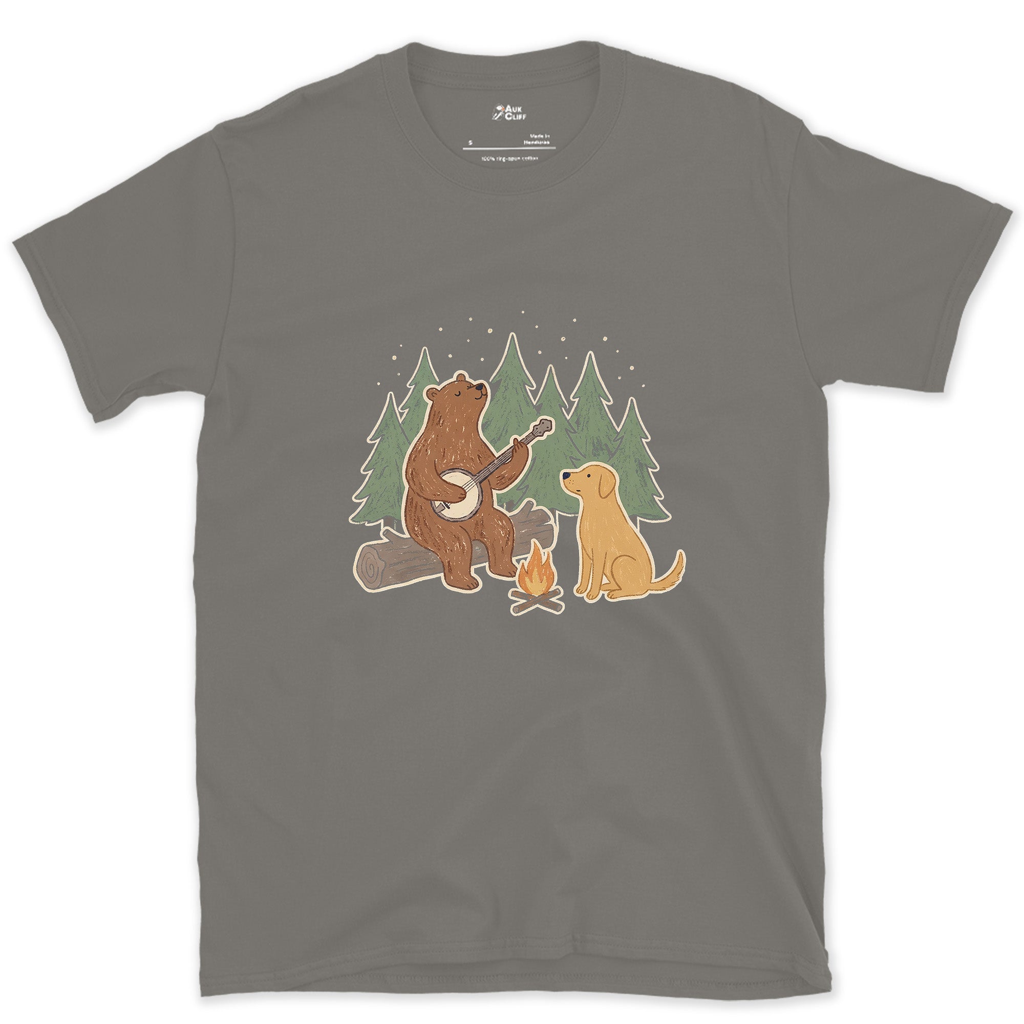 Bear on Banjo, Dog Not Complaining design on a Charcoal Gildan Softstyle t-shirt