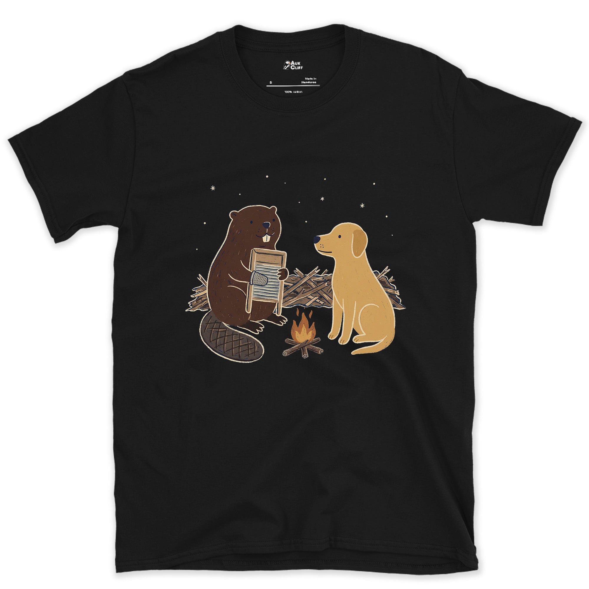 Built His Own Washboard, Beaver at the Fire design on a Black Gildan Softstyle t-shirt