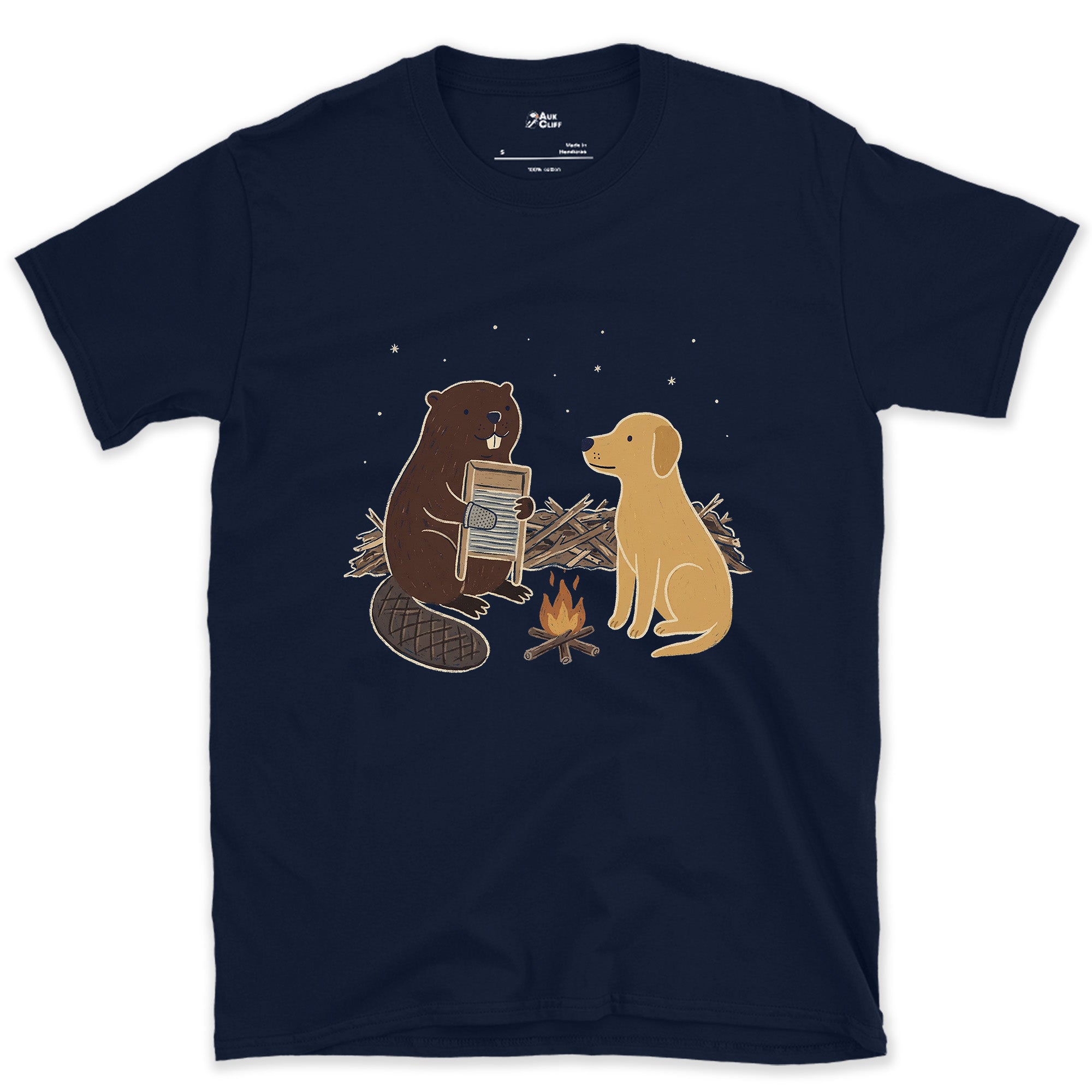 Built His Own Washboard, Beaver at the Fire design on a Navy Gildan Softstyle t-shirt