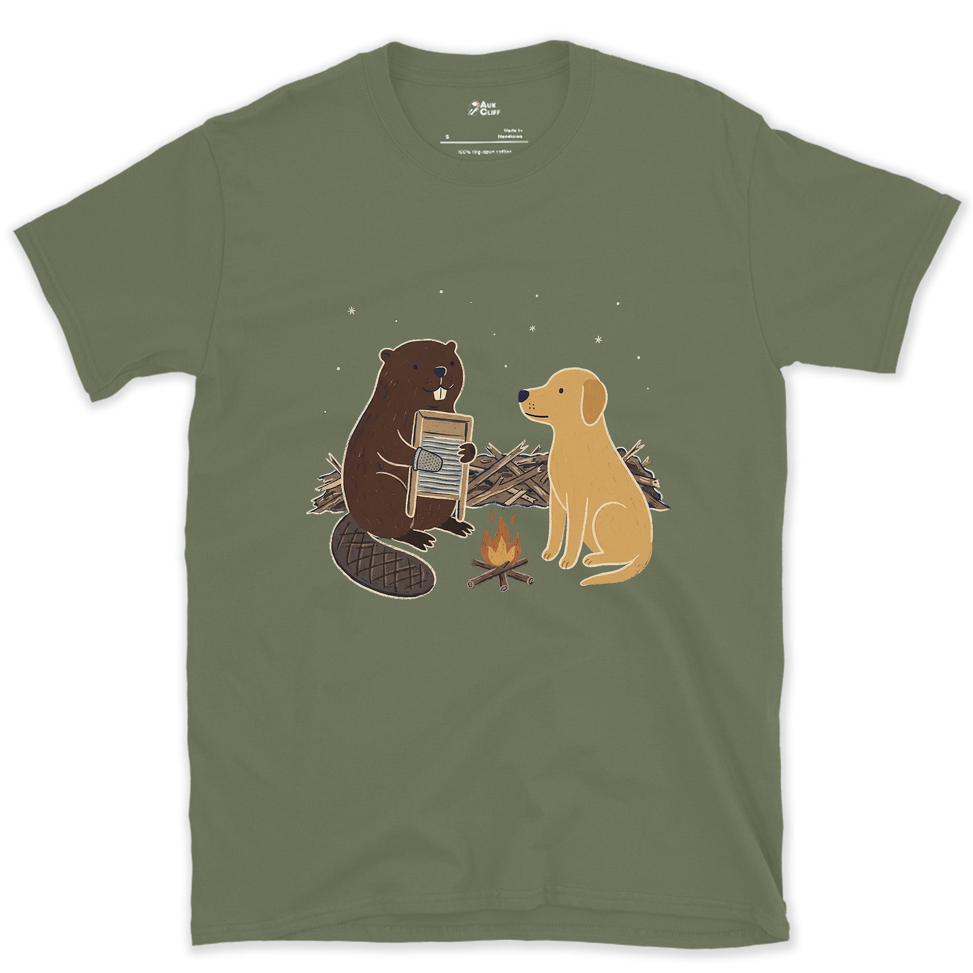Built His Own Washboard, Beaver at the Fire design on a Military Green Gildan Softstyle t-shirt