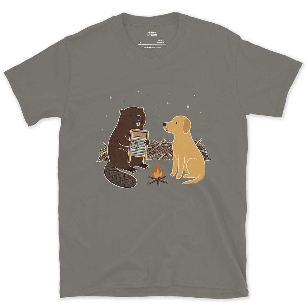 Built His Own Washboard, Beaver at the Fire design on a Charcoal Gildan Softstyle t-shirt