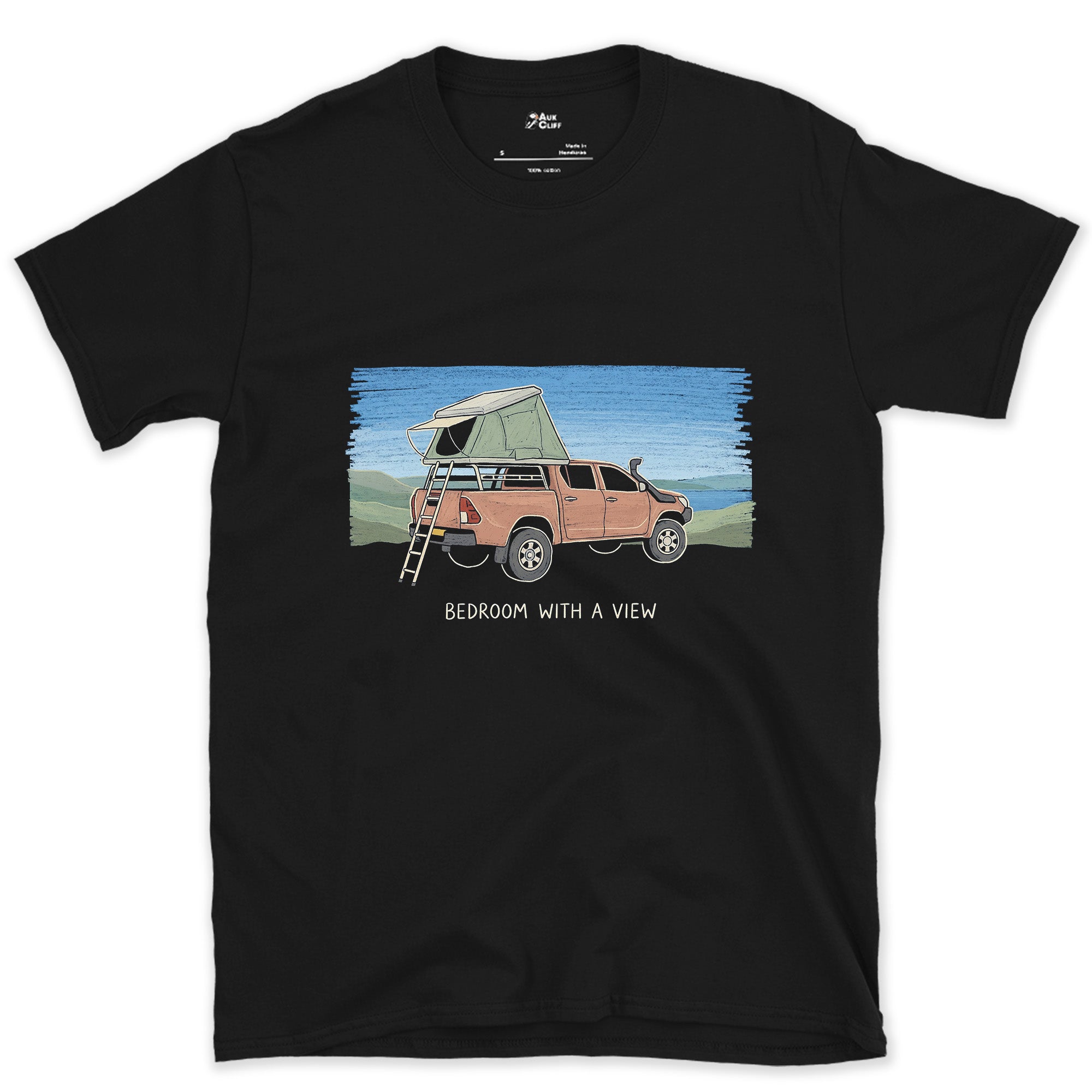Bedroom With a View, Ladder to the Roof design on a Black Gildan Softstyle t-shirt