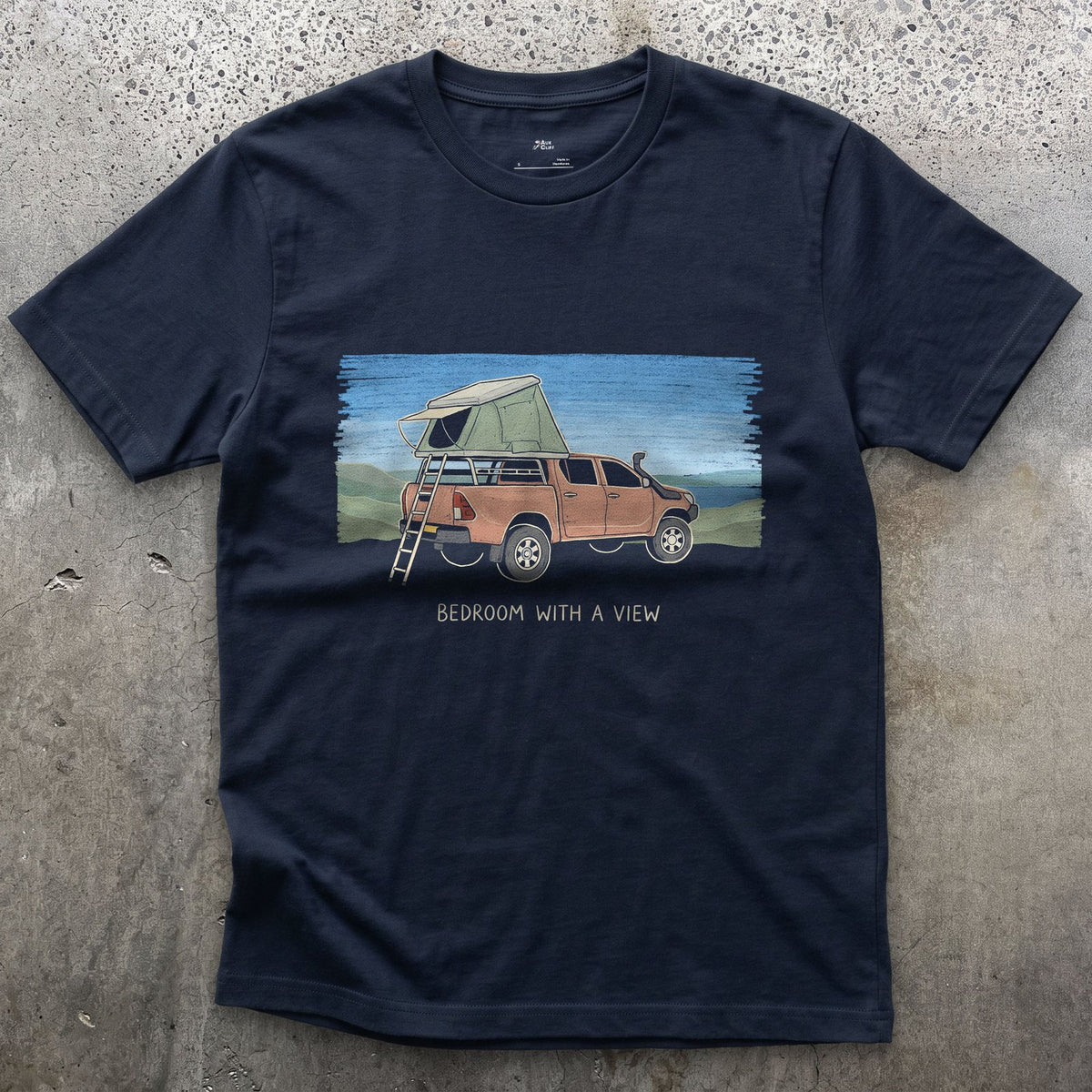Bedroom With a View, Ladder to the Roof design on a Navy Gildan Softstyle t-shirt