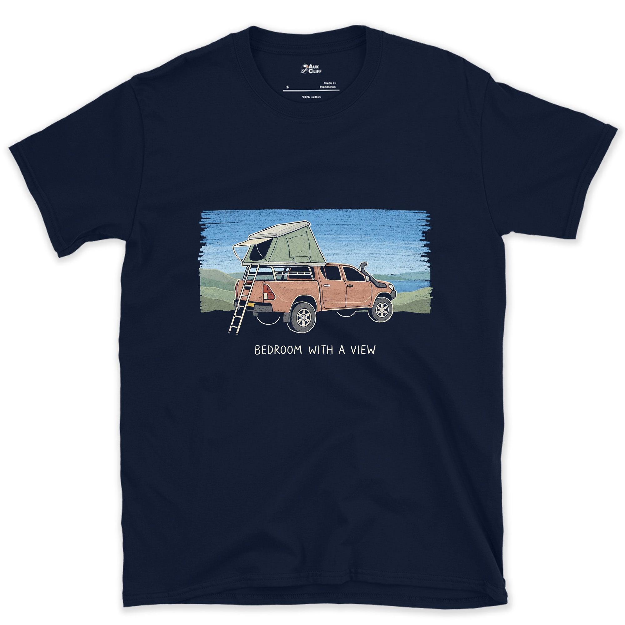 Bedroom With a View, Ladder to the Roof design on a Navy Gildan Softstyle t-shirt