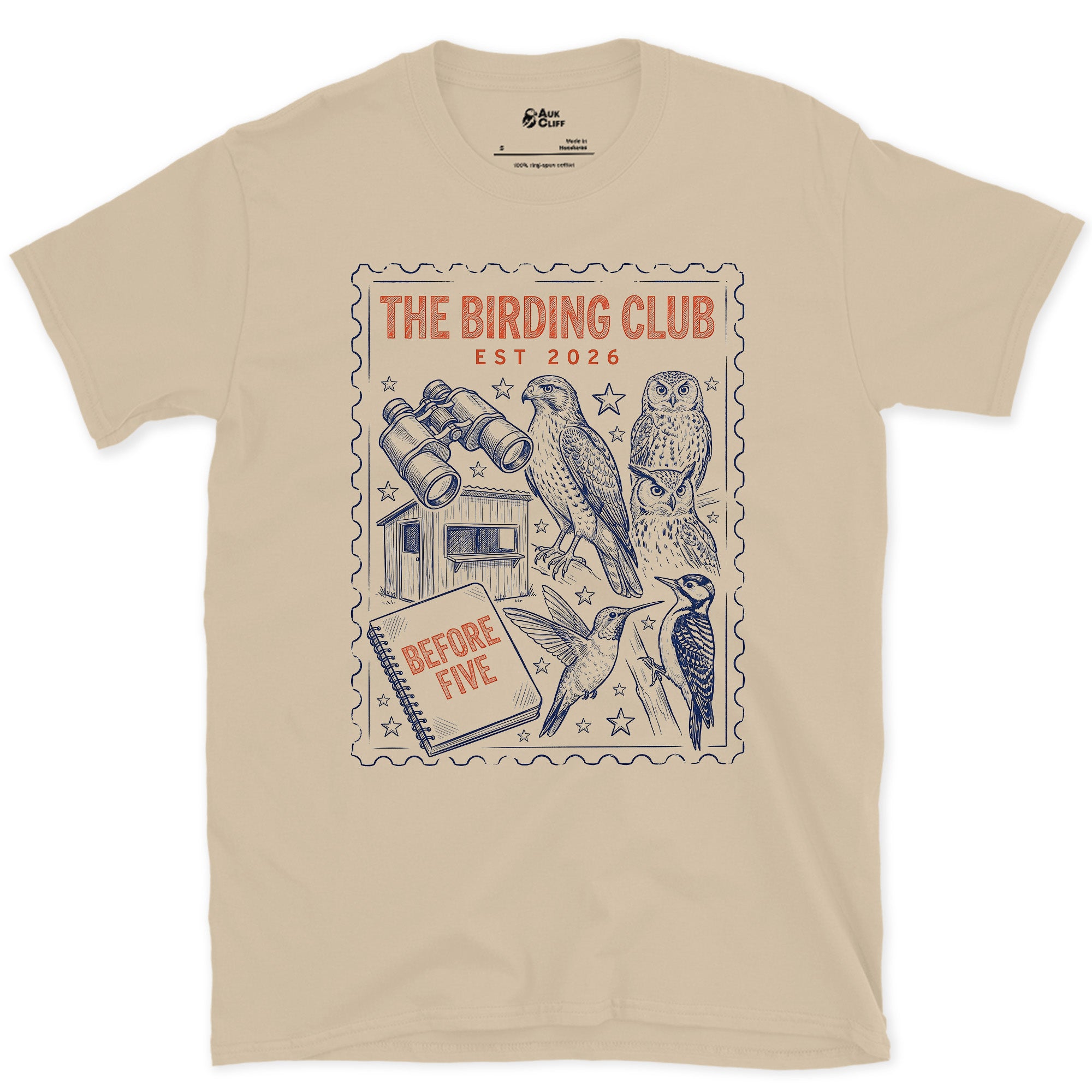 Before Five, Hide and Owls on a Stamp design on a Sand Gildan Softstyle t-shirt