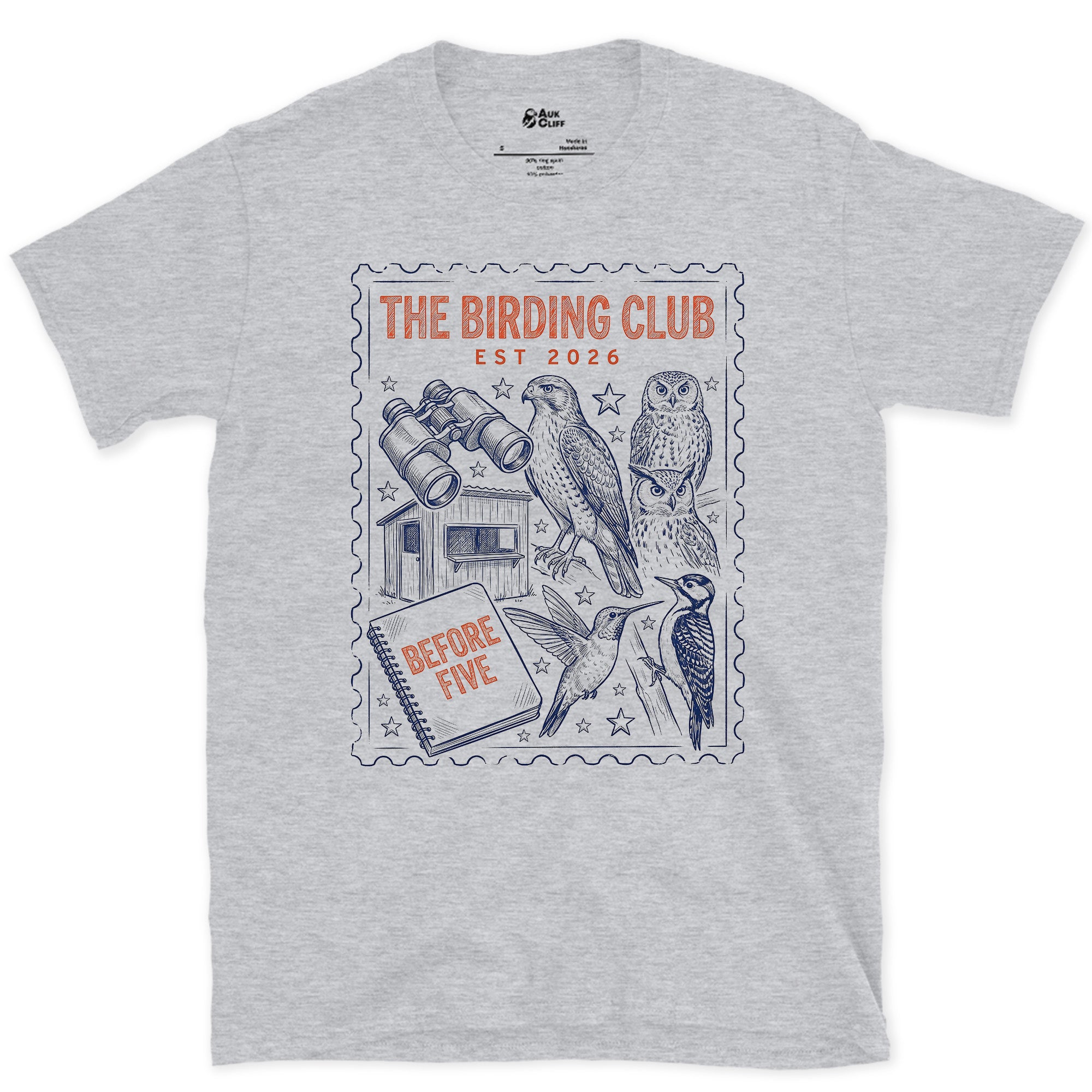 Before Five, Hide and Owls on a Stamp design on a Sport Grey Gildan Softstyle t-shirt