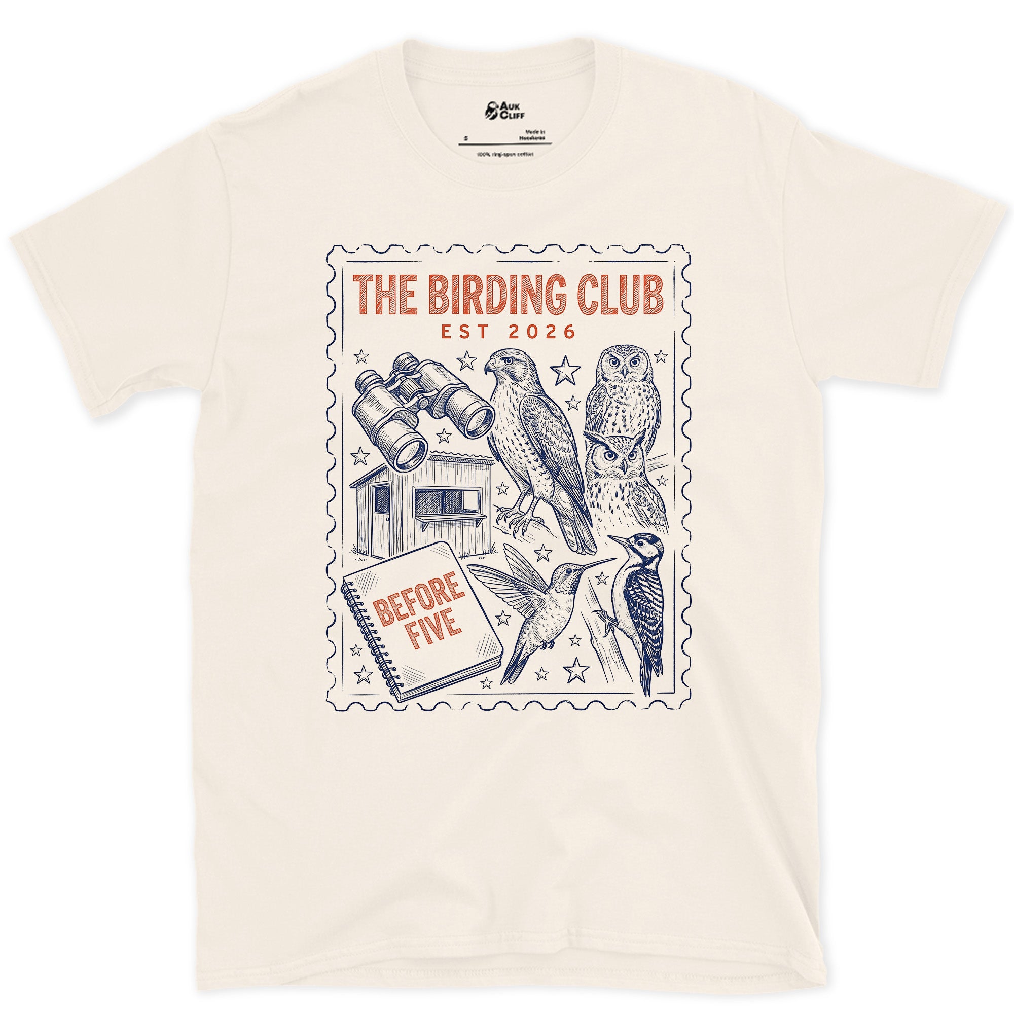 Before Five, Hide and Owls on a Stamp design on a Natural Gildan Softstyle t-shirt