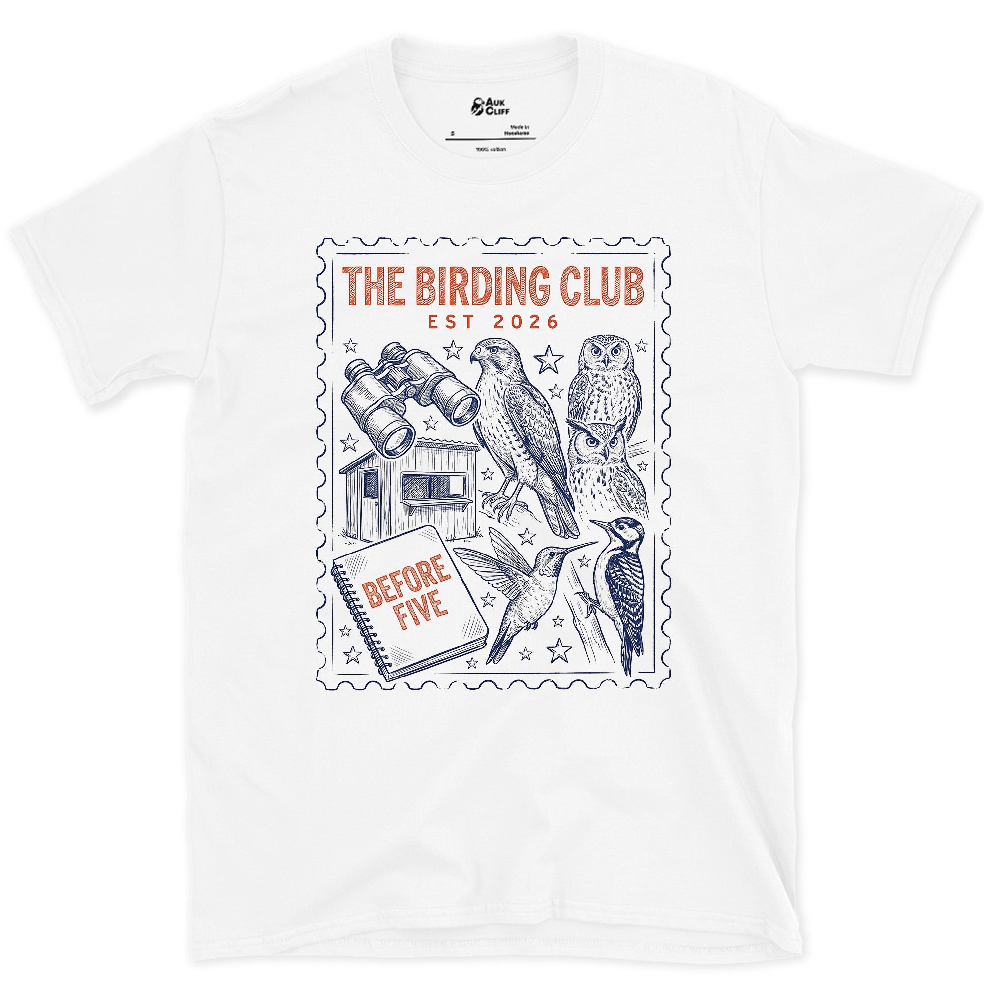 Before Five, Hide and Owls on a Stamp design on a White Gildan Softstyle t-shirt