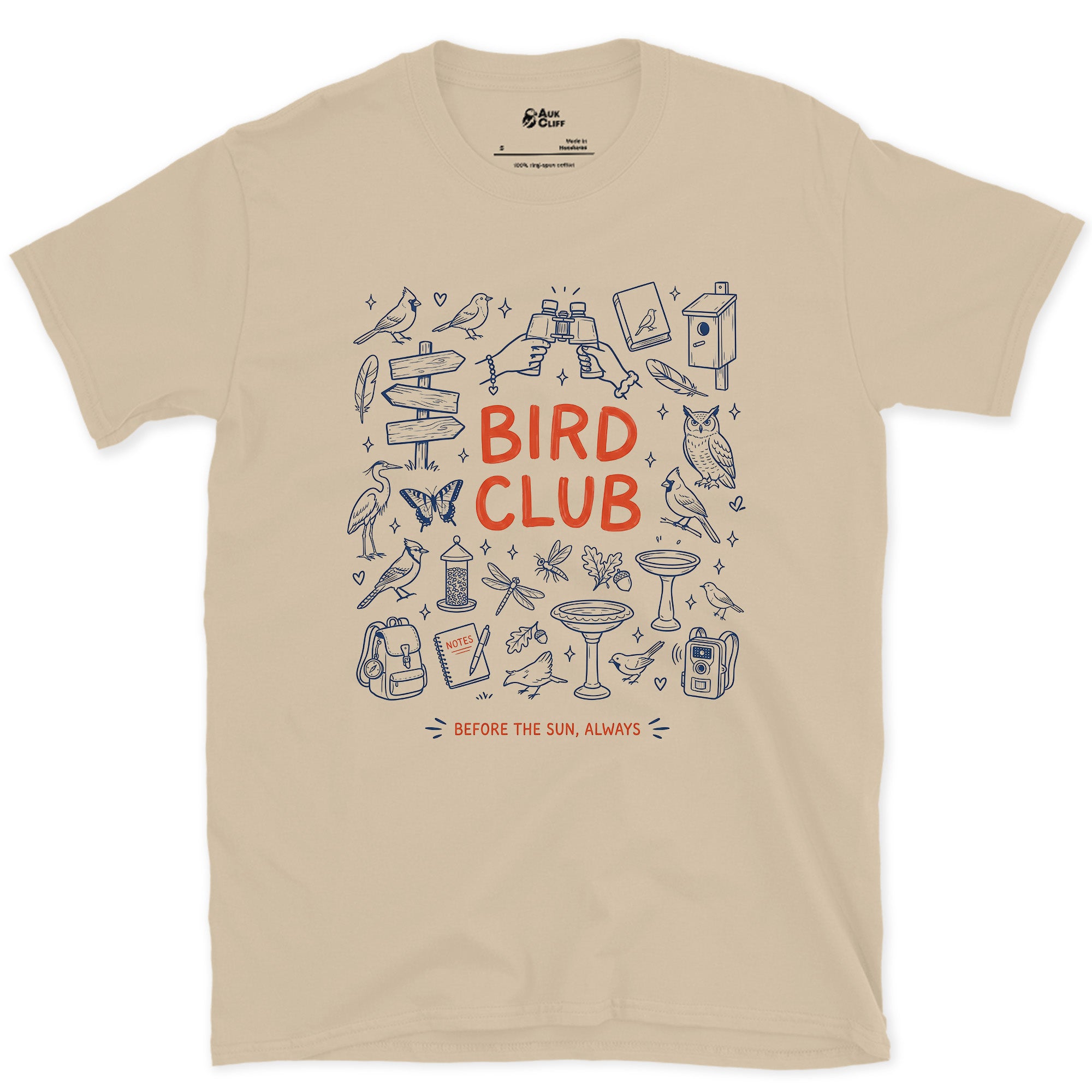 Bird Club, Jotted Between Sightings design on a Sand Gildan Softstyle t-shirt