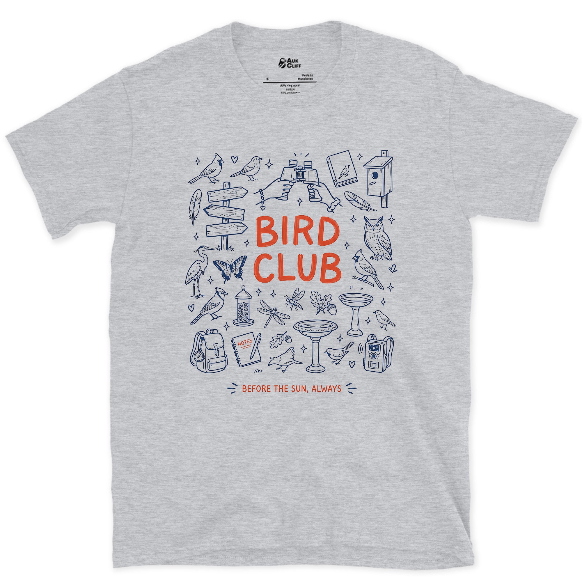 Bird Club, Jotted Between Sightings design on a Sport Grey Gildan Softstyle t-shirt