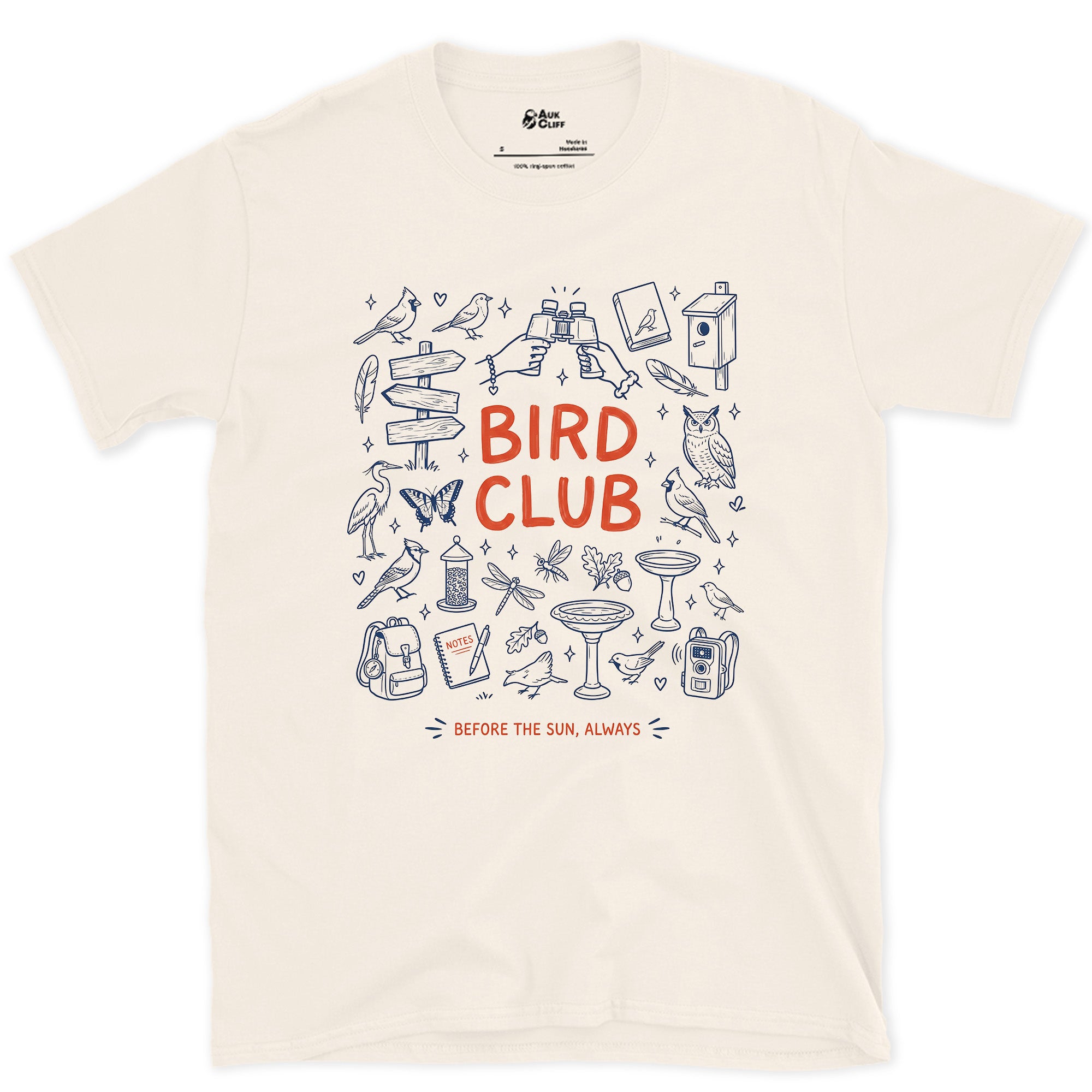 Bird Club, Jotted Between Sightings design on a Natural Gildan Softstyle t-shirt