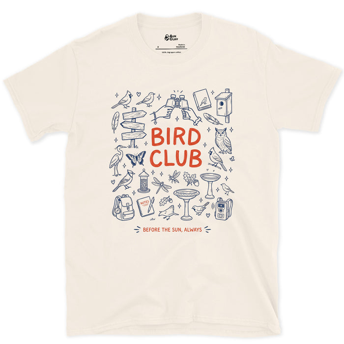 Bird Club, Jotted Between Sightings design on a Natural Gildan Softstyle t-shirt